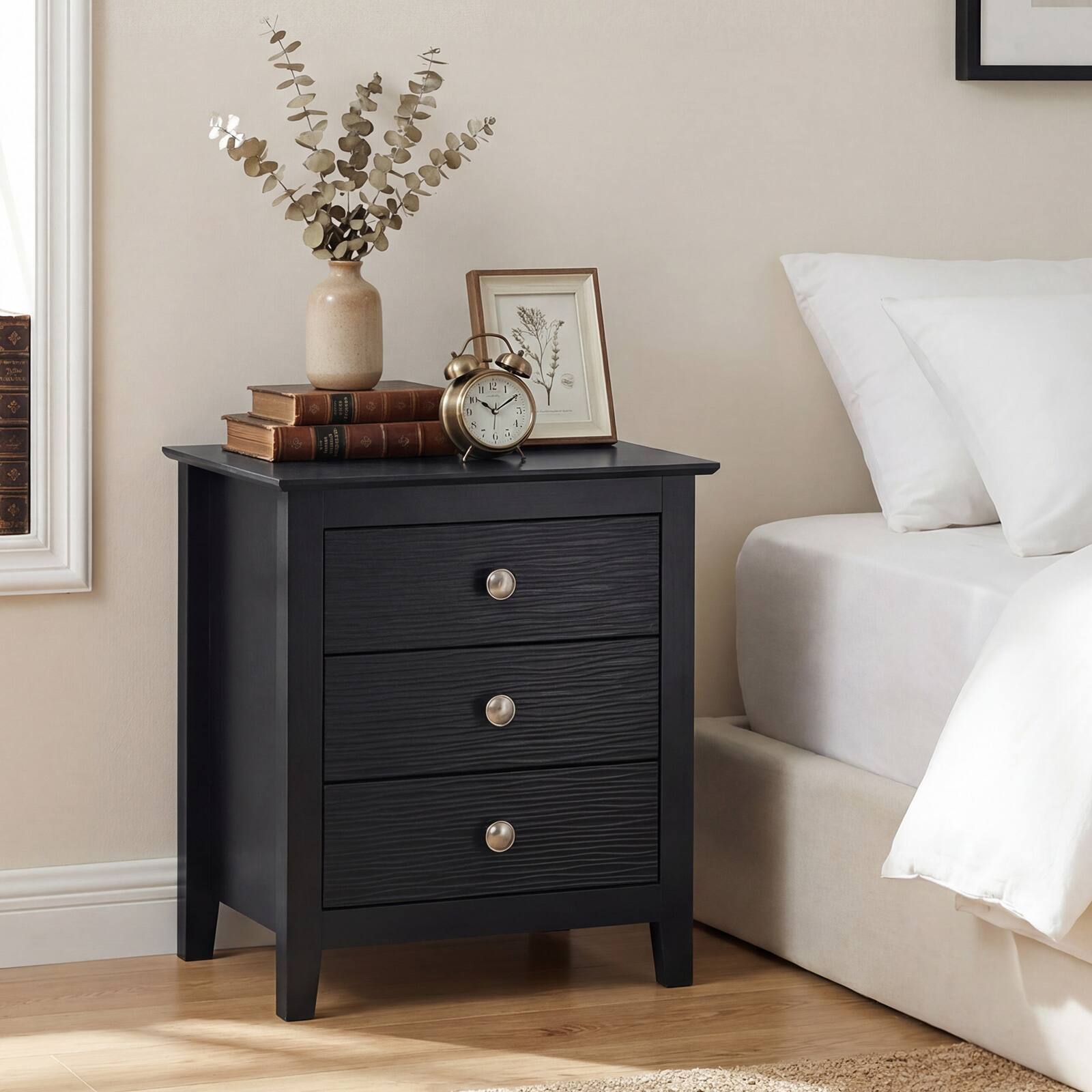 Alt View 4. Costway - Costway 2 PCS Nightstand, Farmhouse 3-Drawer Night Stand with Wood Grain Accents Sleek Knobs - Black.