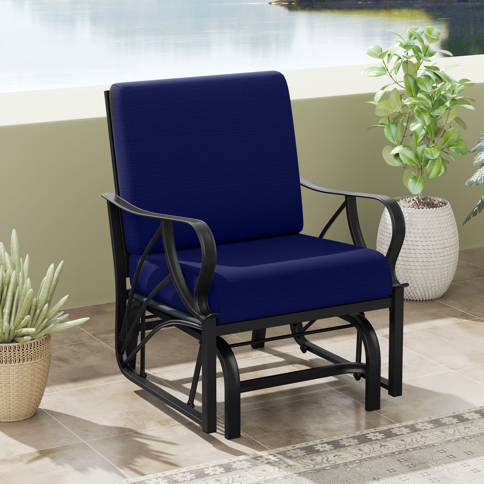 Gymax - Patio Glider Chair Single Outdoor Rocking Chair w/ Seat & Back Cushions - Navy