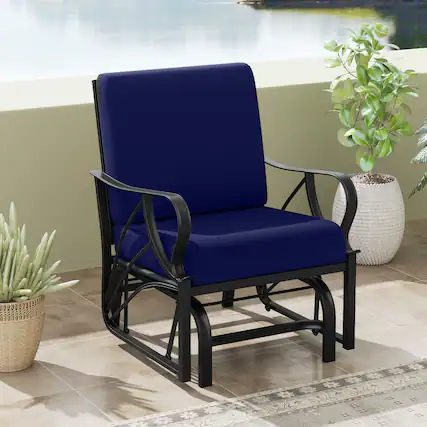 Front. Gymax - Gymax Patio Glider Chair Single Outdoor Rocking Chair w/ Seat & Back Cushions Navy - Navy.