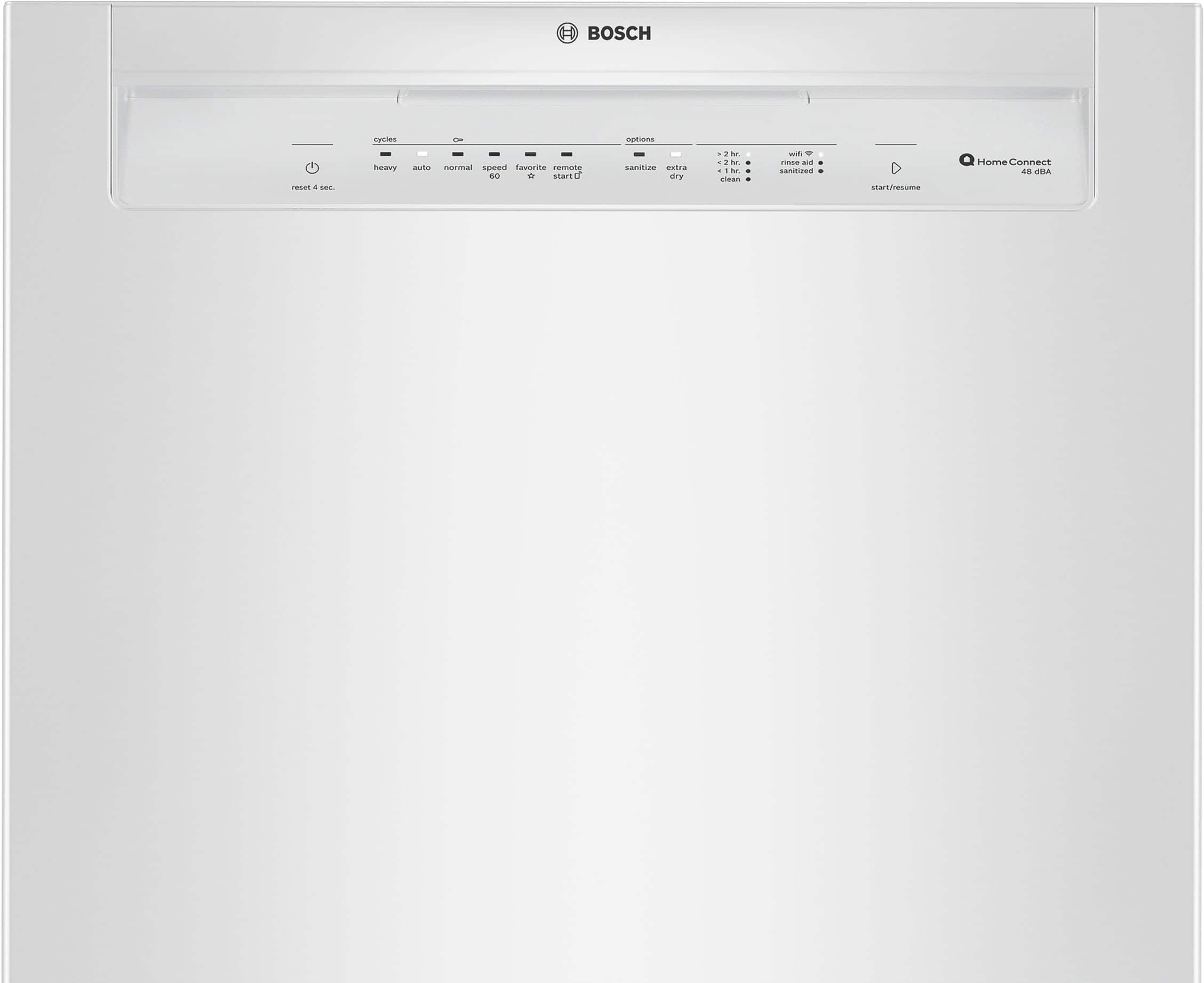 H BOSCH spnies - ptiens esan a .E heavy uns normal speed favorite remane d - start a saniize astina dry - 3 N a .. - siean wt rinse a santizes start/resuma Home Connect as OA