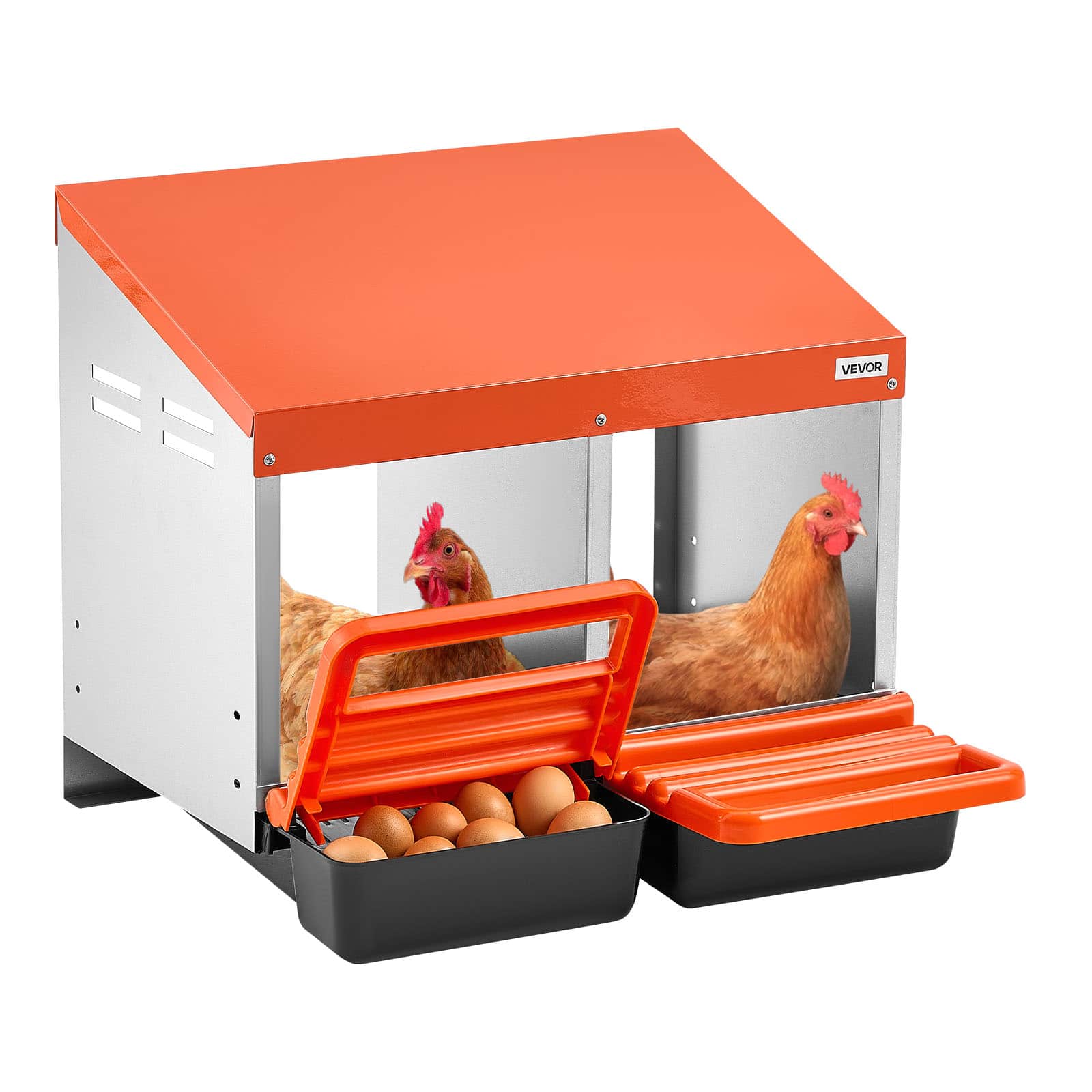 VEVOR - Chicken Nesting Boxes, 2 Compartments, Easy Egg Collection, Wall Mount, Galvanized Steel and High-Strength Plastic - Orange + black + silver
