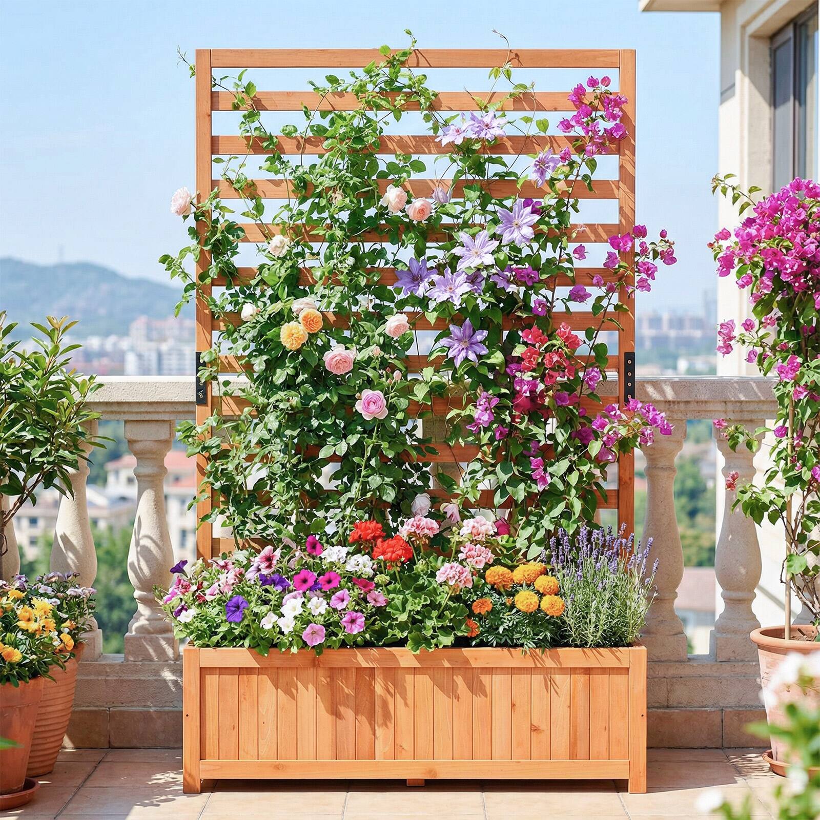 Alt View 4. Gymax - Gymax Wooden Raised Garden Bed w/ Vertical Trellis Liner Drainage - Orange.