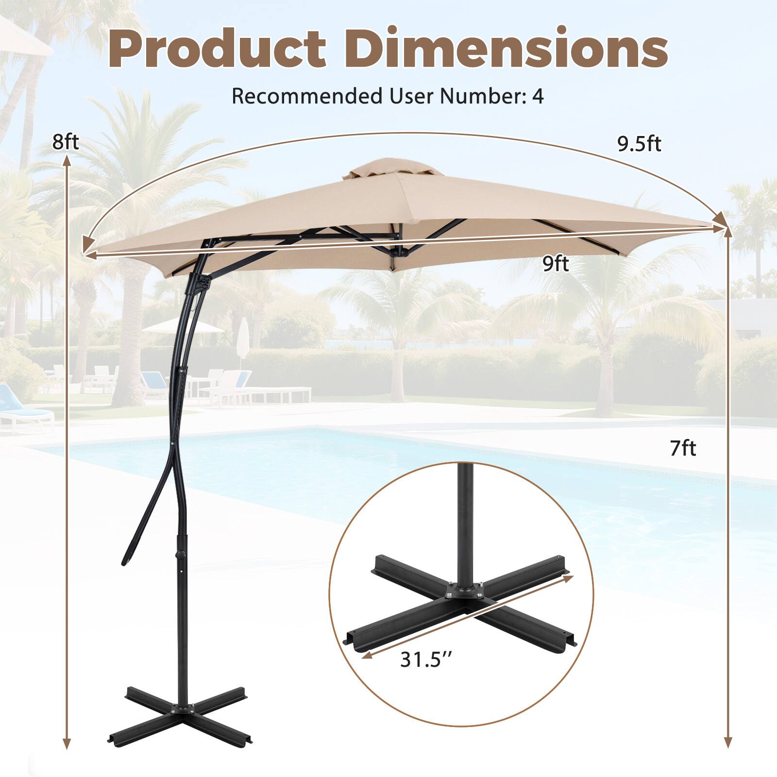 Gymax 9 FT Cantilever Umbrella w/ Cross Base Included Smooth Handle for ...