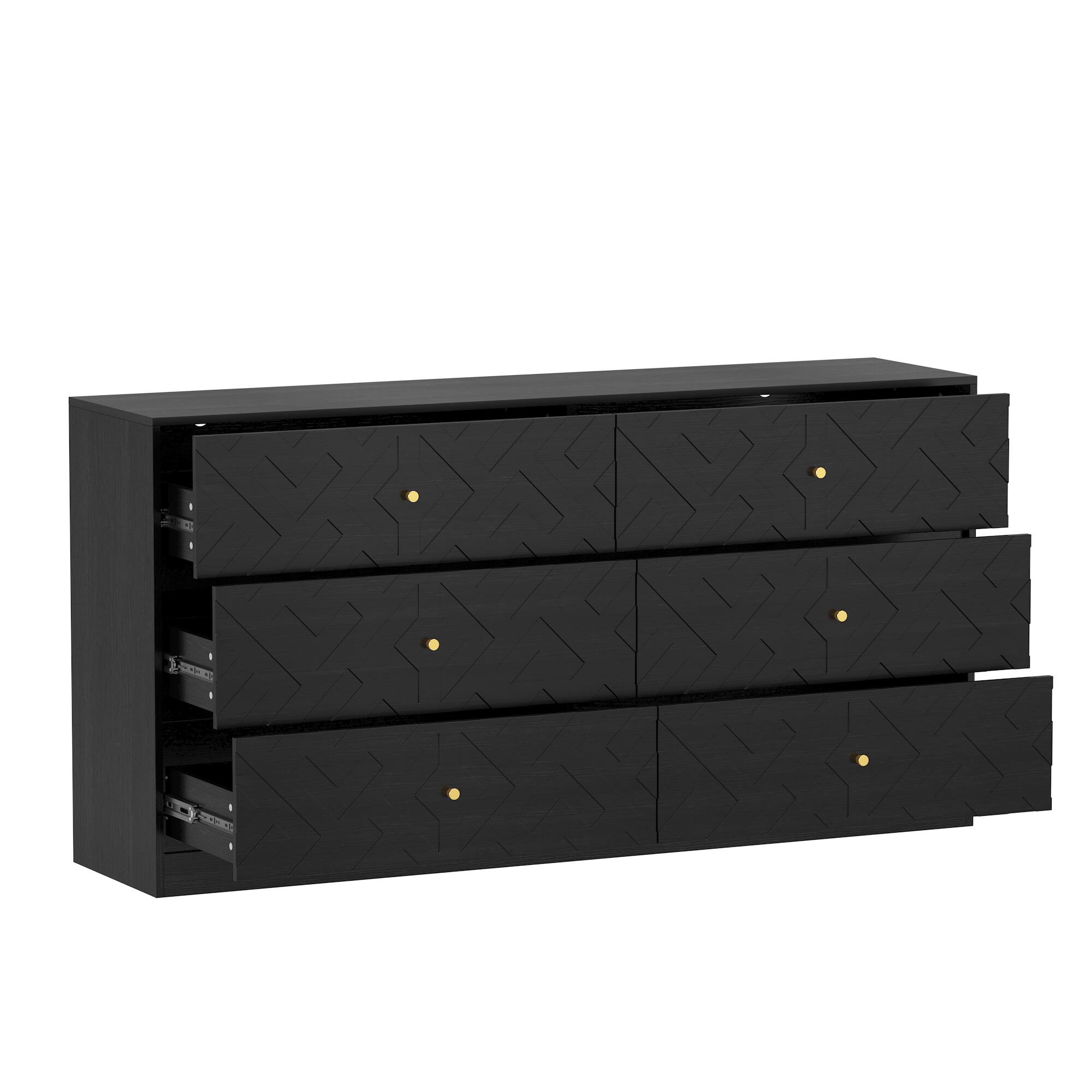 Angle. Famapy - Famapy Textured 6 - Drawer Dresser: Wood - Grain Finish with Embossed Patterns - Black.