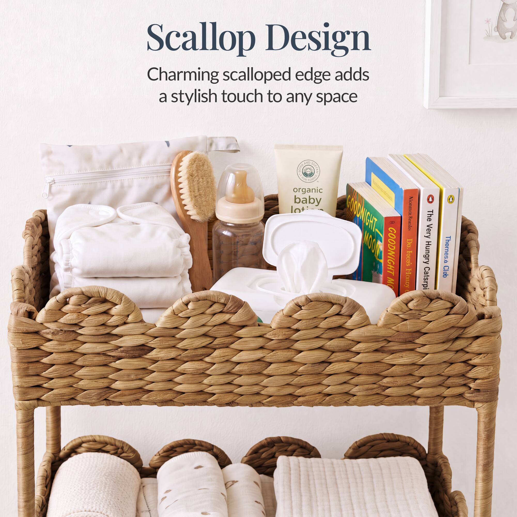 Scallop Design  
Charming scalloped edge adds a stylish touch to any space  

I Goo Organic Baby Lot  
COONIGHT - MOO GOODNIGHT  
M I Knnlo Da  

Foco's HonDy & The Very Hungry Catsrpi  
A Thernesa Club