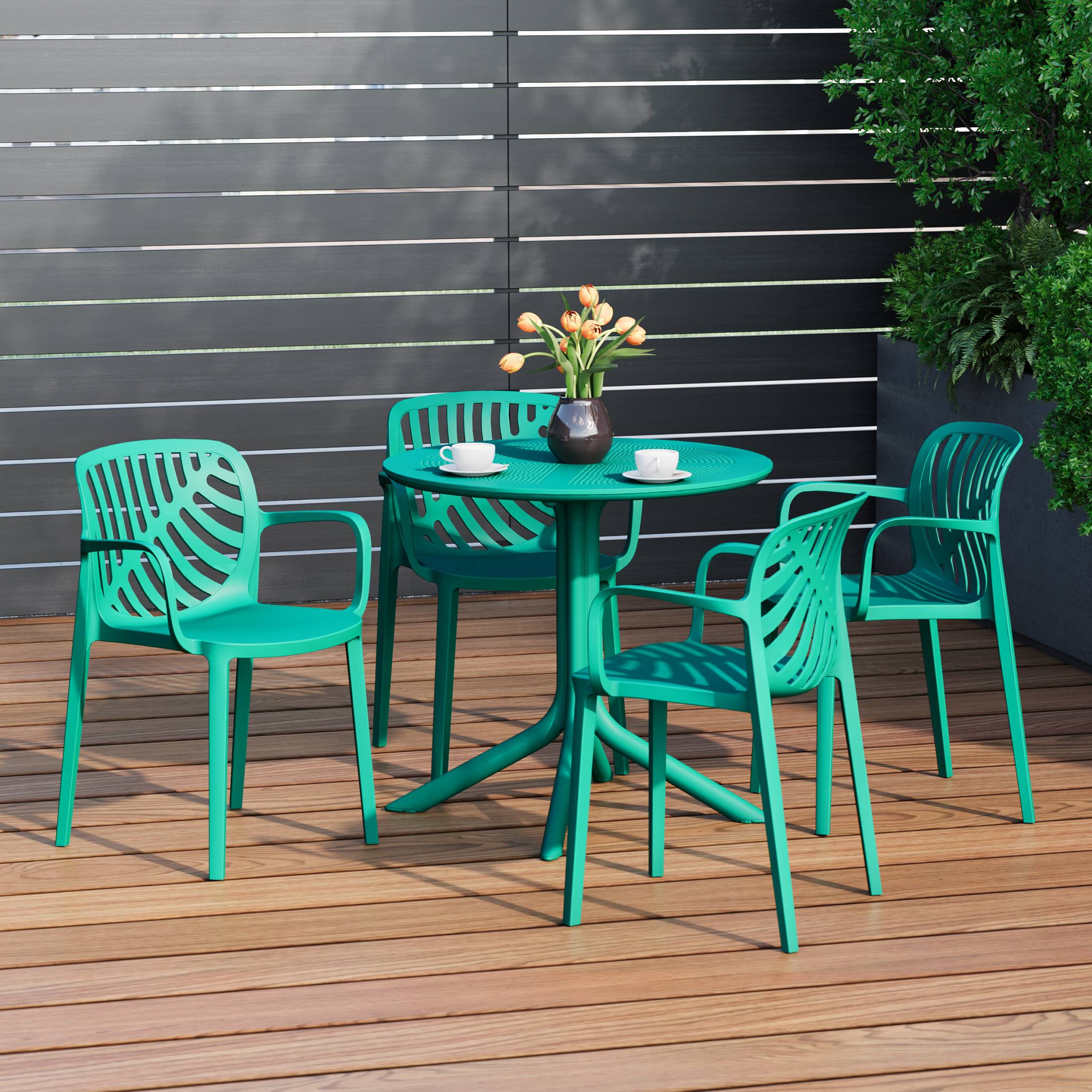 Angle. WestinTrends - WestinTrends Playa 5-Piece Outdoor Resin Round Patio Dining Table Set with Modern Stackable Patio Dining Chairs - Turquoise.