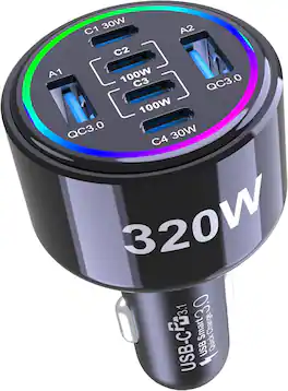 Core Tech - 320W 6-Port USB-C and USB-A Fast-Charging Car Adapter with Dual 100W PD Ports - Black