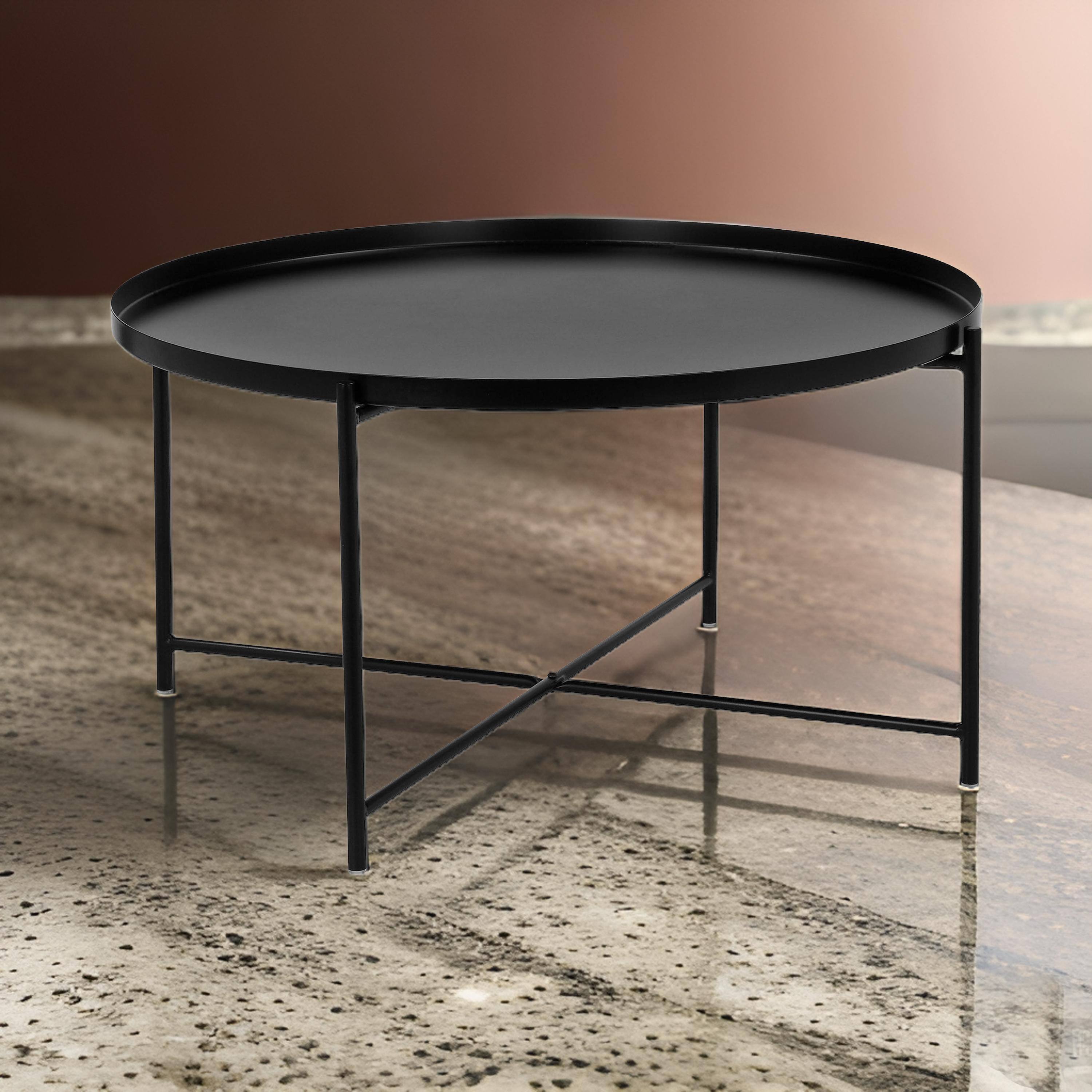 Alt View 2. Manhattan Lane - Ely 33 Inch Coffee Table, Round Tray Top, Cross Base, Metal Finish - Black.