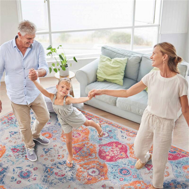 Left. HTUTWOO - Washable Rug 5x8 - Chenille Area Rug,Machine Washable, Non-Slip TPR Backing,Low Pile 0.14" for Living Room,Kids Friendly - Orange.