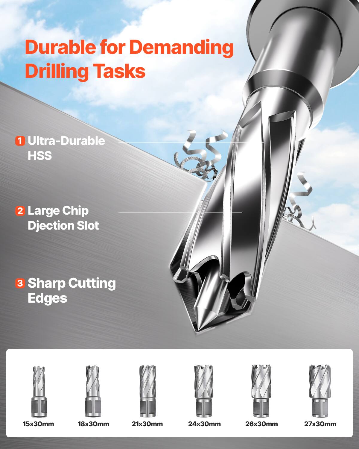 Durable for Demanding Drilling Tasks
1 Ultra-Durable HSS
2 Large Chip Djection Slot
3 Sharp Cutting Edges
15x30mm
18x30mm
21x30mm
24x30mm
26x30mm
27x30mm