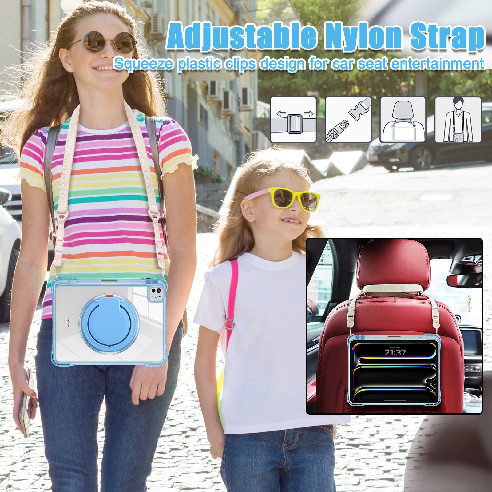 Adjustable Nylon Strap  
Squeeze plastic clips design for car seat entertainment