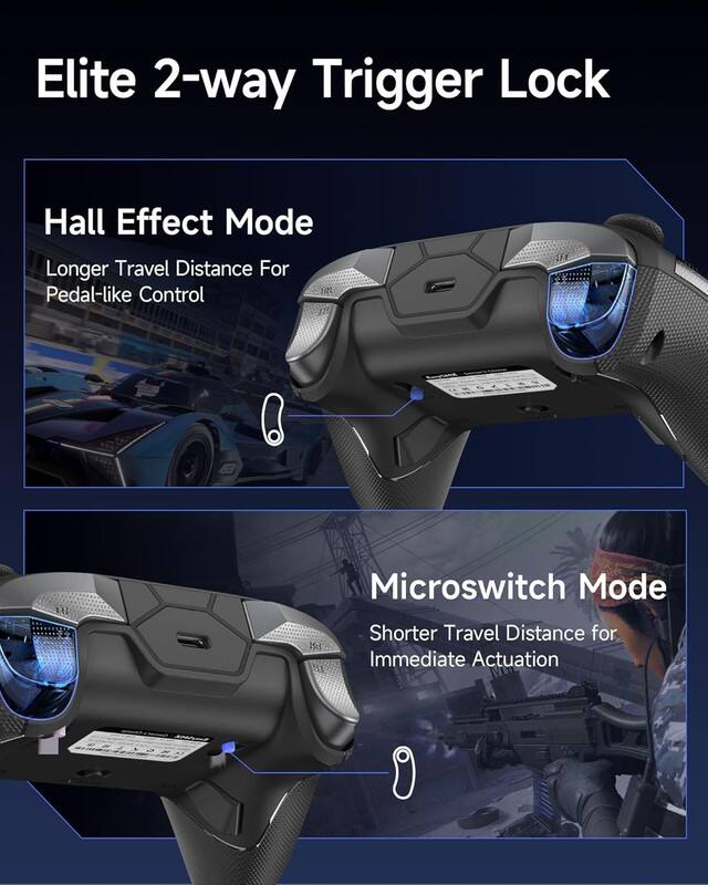 Elite 2-way Trigger Lock

Hall Effect Mode  
Longer Travel Distance For Pedal-like Control

Microswitch Mode  
Shorter Travel Distance for Immediate Actuation
