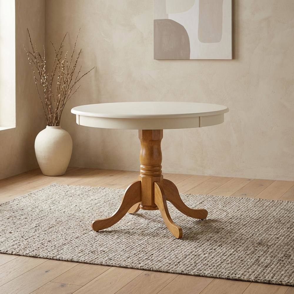 Alt View 4. FurniFact - Linen White Oak Round Pedestal Dining Table - White & Oak.