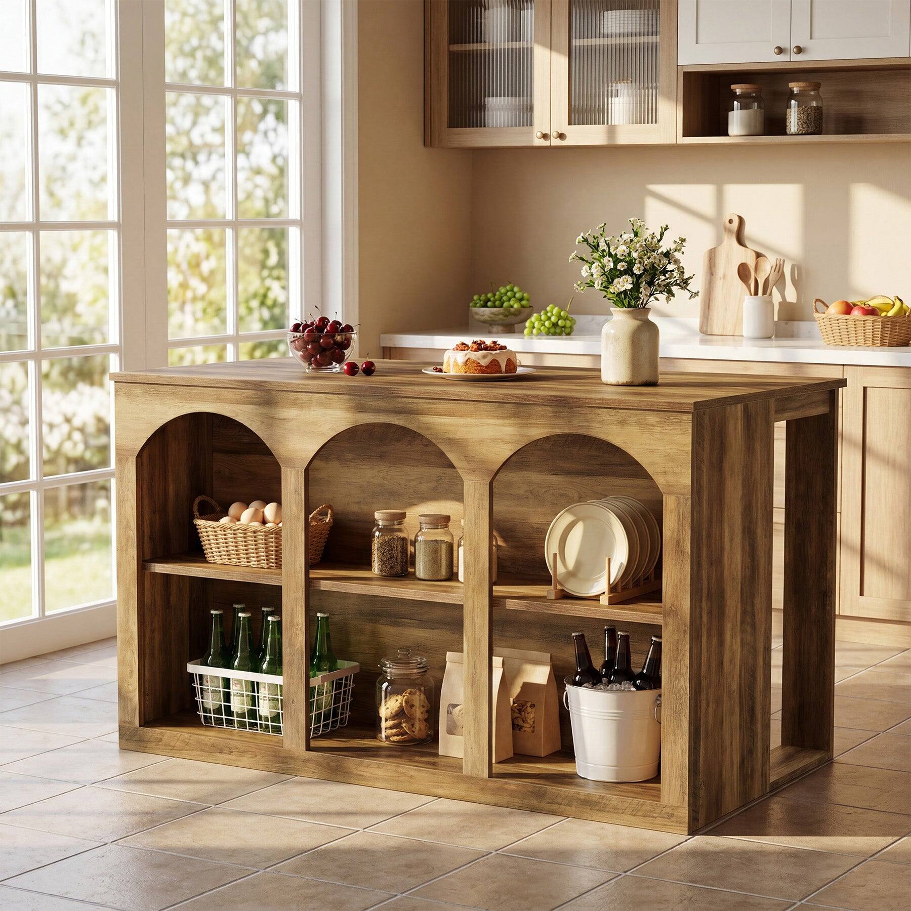 Front. Tribesigns - Kitchen Island with Engineered Wood Construction, Storage Shelves and Adjustable Feet for Kitchen - Brown.