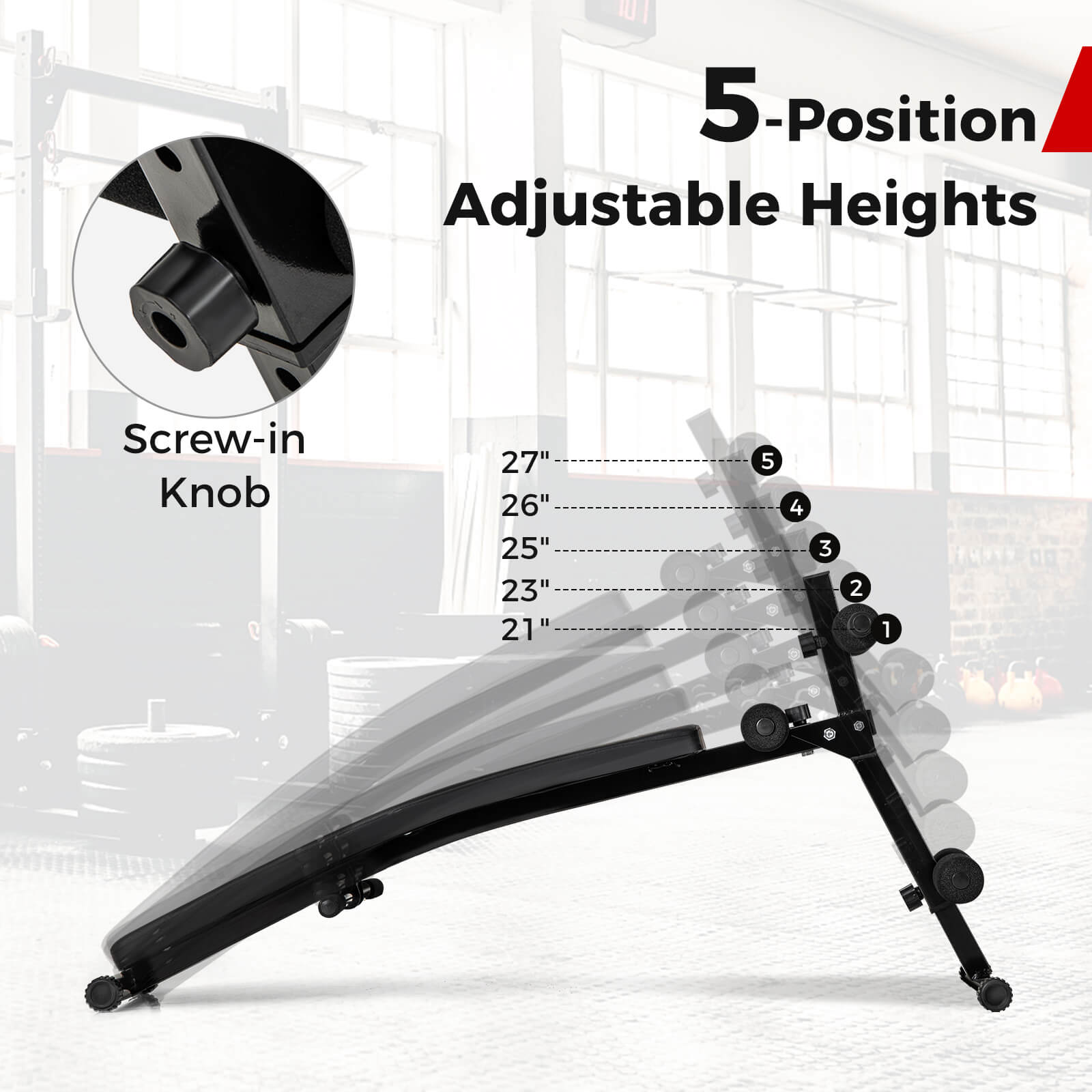 The text on the image reads: "5-Position Adjustable Heights Screw-in Knob 27" 26" 25" 23" 21" 5 4 3 2 1."