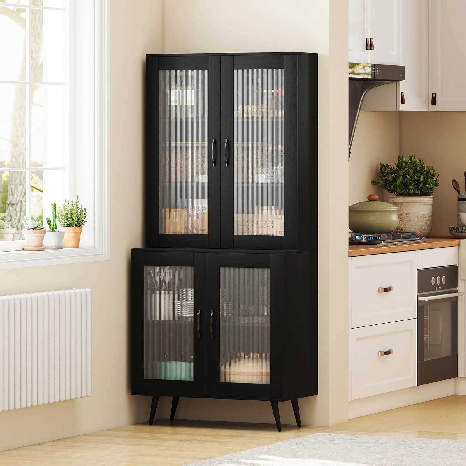 Alt View 4. Costway - Costway Kitchen Pantry Cabinet with Translucent Fluted Doors & Adjustable Shelf - Black.