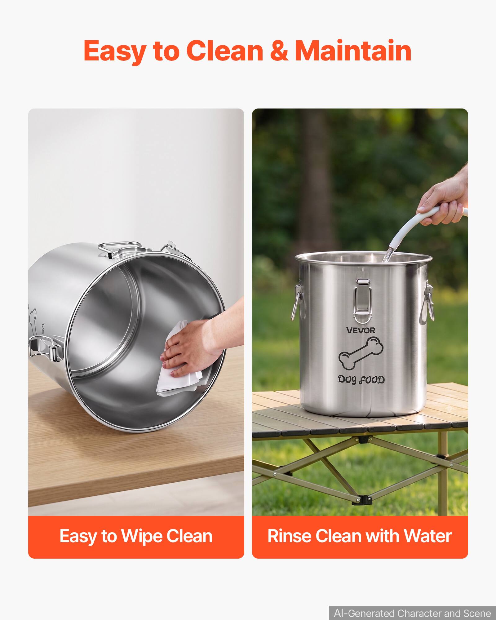 Easy to Clean & Maintain

VEVOR
Dog FOOD

Easy to Wipe Clean
Rinse Clean with Water

AI-Generated Character and Scene