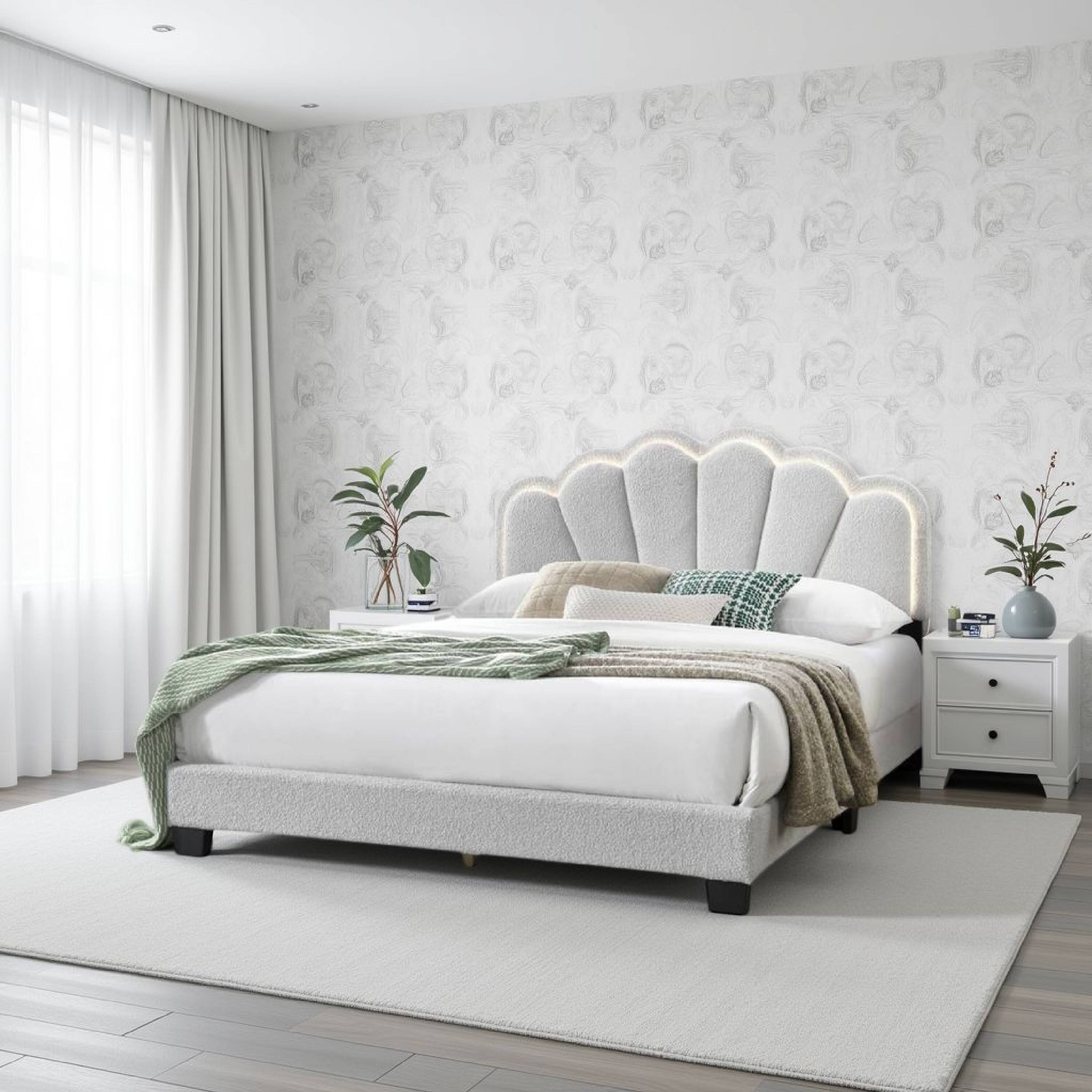Alt View 5. Manhattan Lane - Geny Queen Size Bed, Classic White Wool Upholstery and LED, Glam Arch - White, Black.
