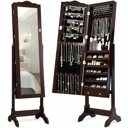 Front. Gymax - Gymax Mirrored Jewelry Cabinet Armoire Storage Organizer w/Drawer & Led Lights Brown - Brown.