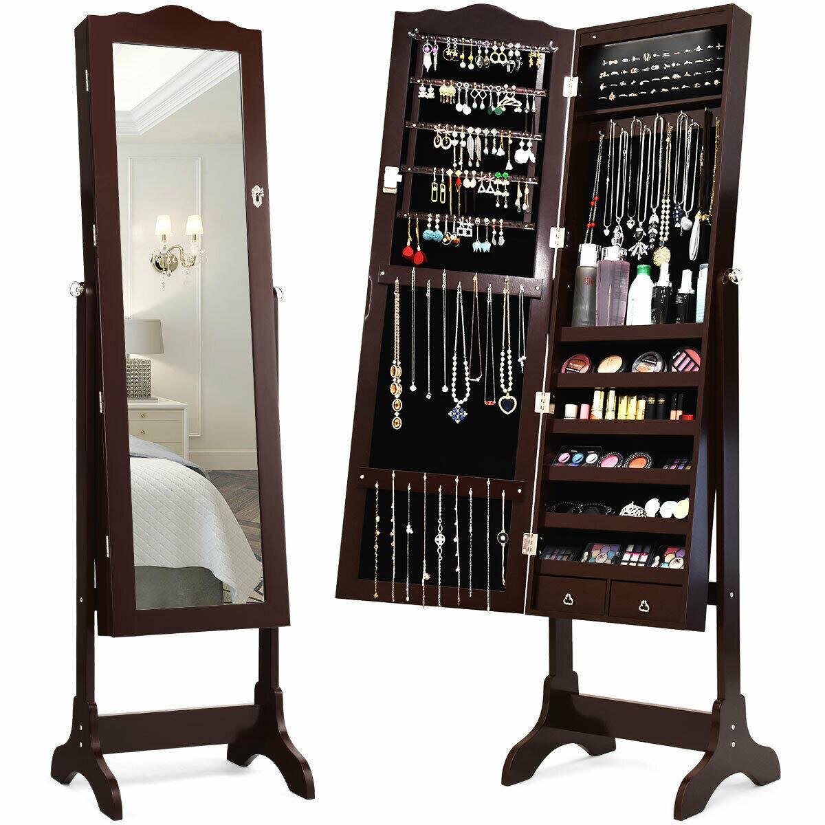 Front. Gymax - Gymax Mirrored Jewelry Cabinet Armoire Storage Organizer w/Drawer & Led Lights Brown - Brown.