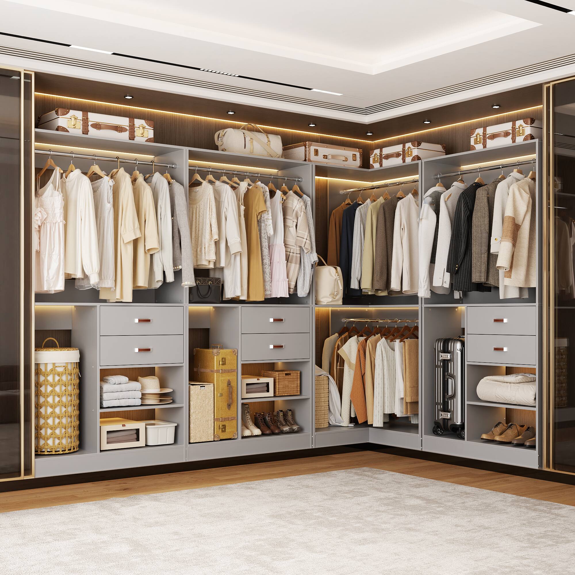 Alt View 1. Aheaplus - 10FT Large Closet Organizer Set of 3, with 6 Drawers, 3 Hanging Rods and Luggage Storage Space - Gray.
