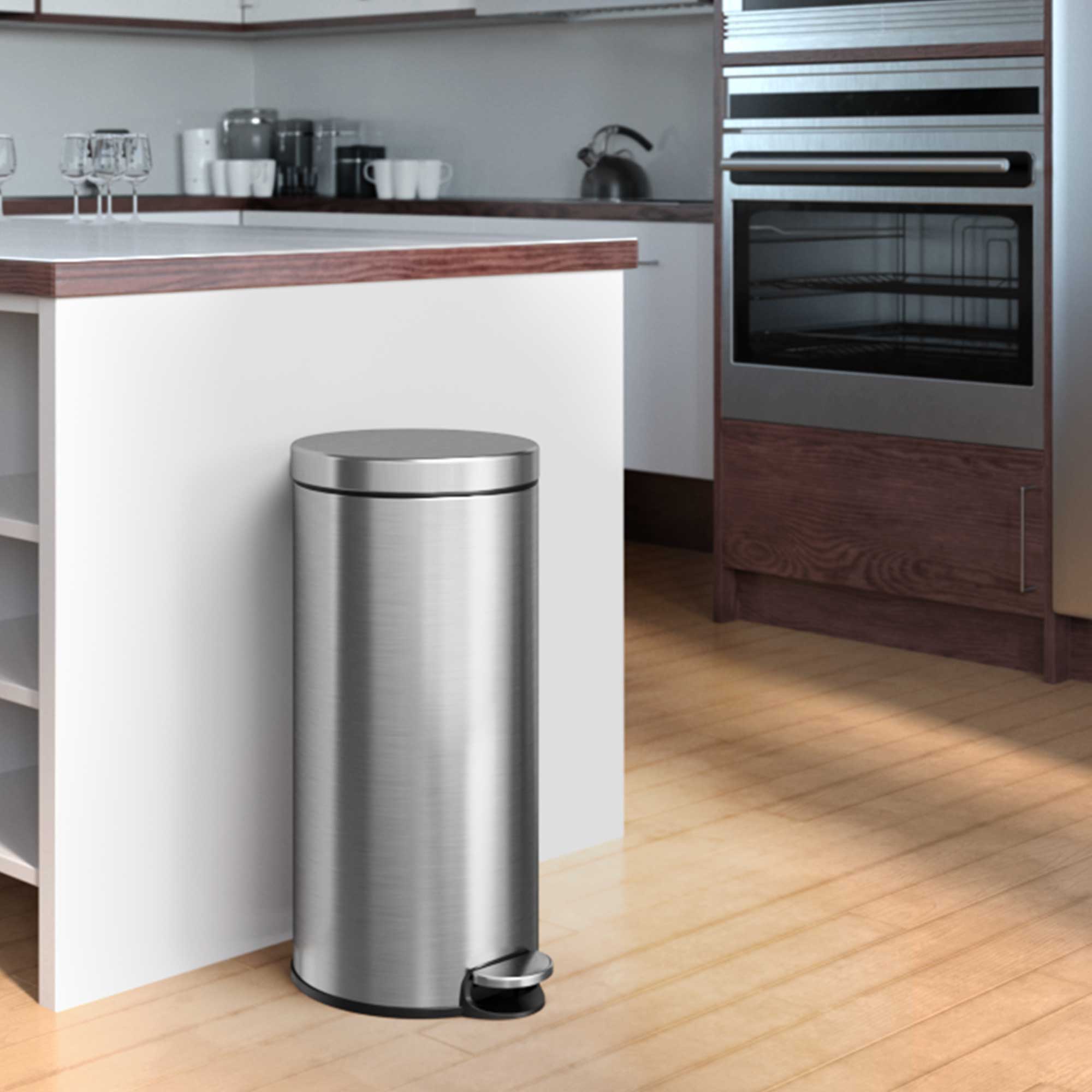 Angle. iTouchless - 8 Gallon SoftStep Round Stainless Steel Step Kitchen Trash Can with AbsorbX Odor Filter - Silver.