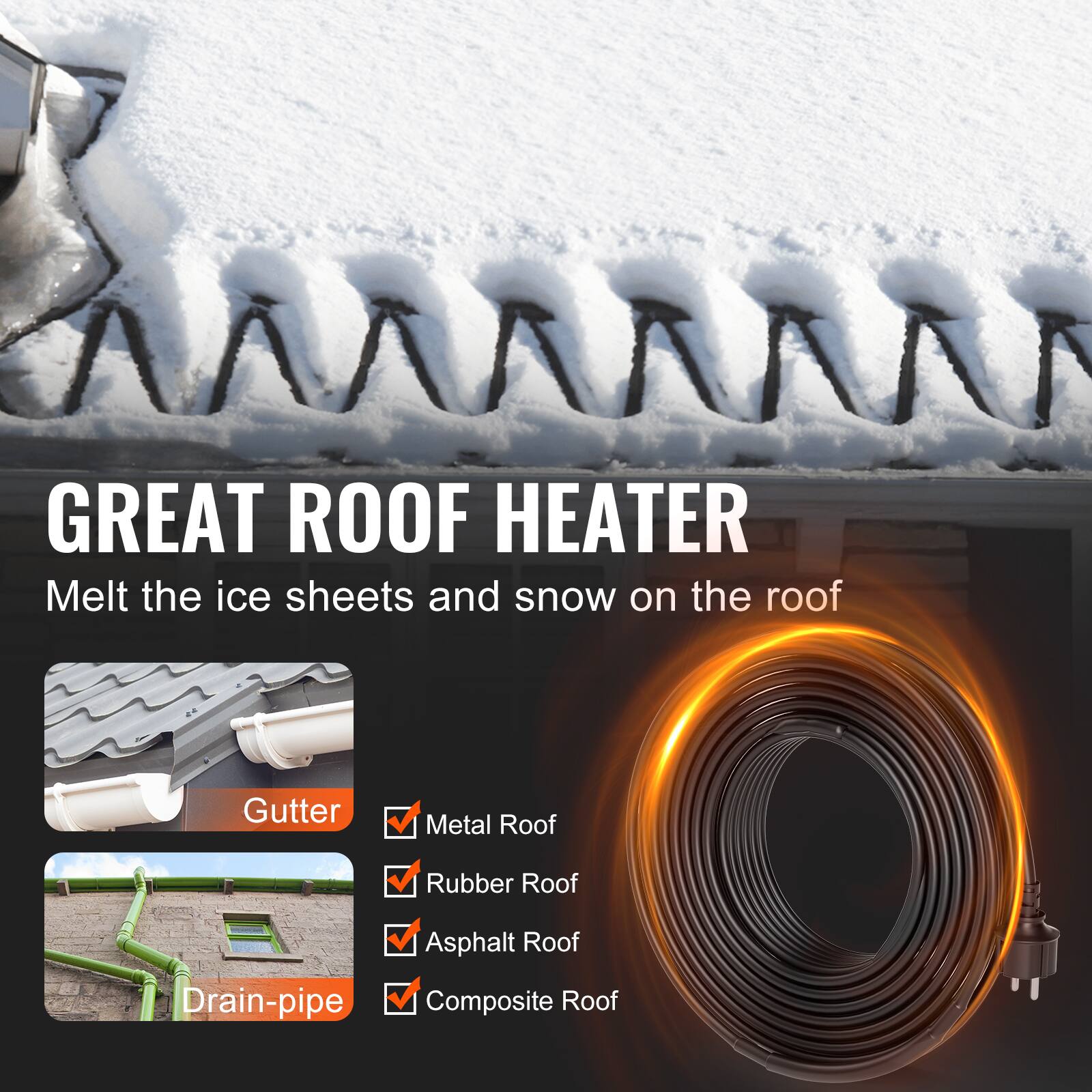 GREAT ROOF HEATER  
Melt the ice sheets and snow on the roof  

Gutter  
Metal Roof  
Rubber Roof  
Asphalt Roof  
Composite Roof  
Drain-pipe