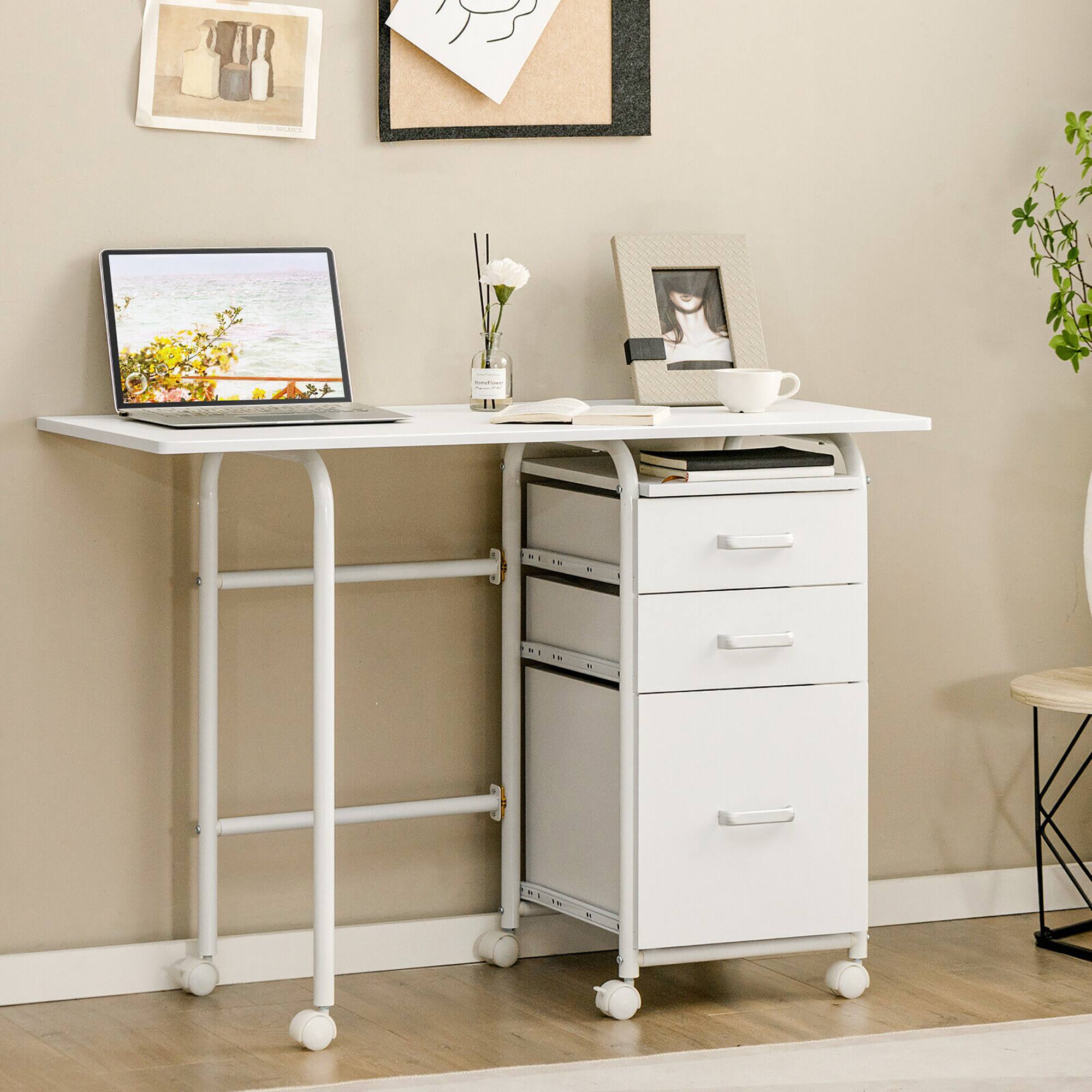 Alt View 2. Gymax - Gymax Folding Computer Laptop Desk Wheeled Home Office Furniture w/3 Drawers White - White.