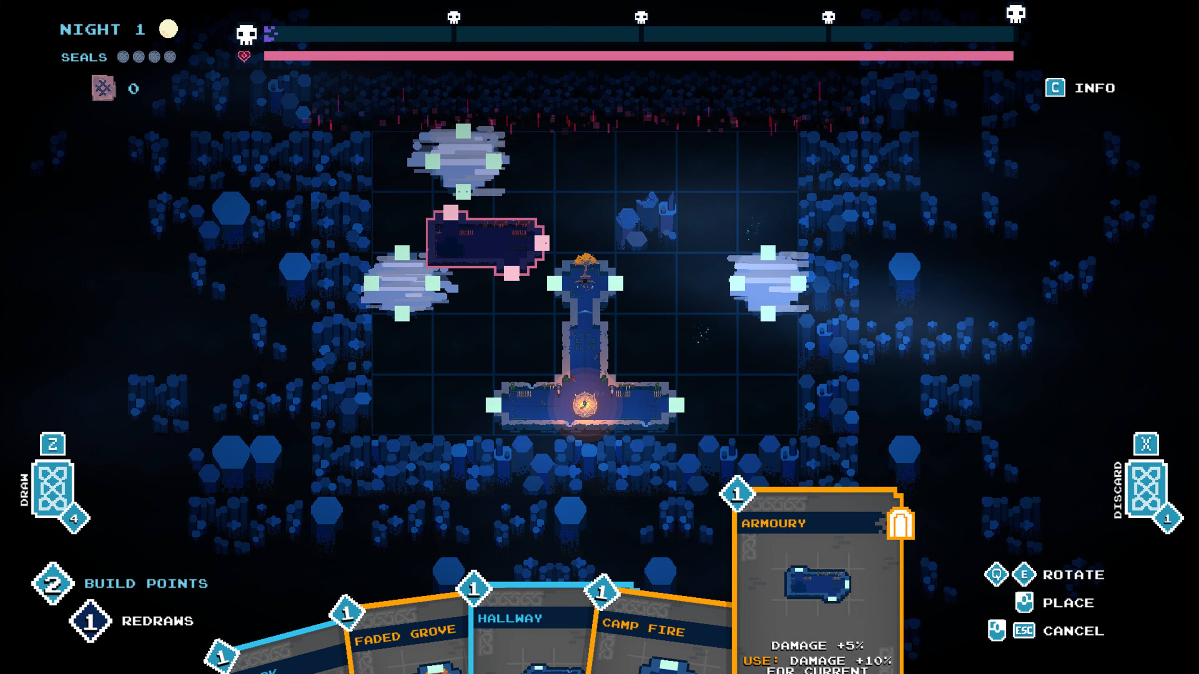 NIGHT 1 SEALS 0 INFO BUILD POINTS 2 REDRAWS 1 CAMP FIRE 1 ARMOURY 1 DAMAGE +5% USE: DAMAGE +10% HALLWAY FADED GROVE ROTATE PLACE CANCEL DISCARD ESC