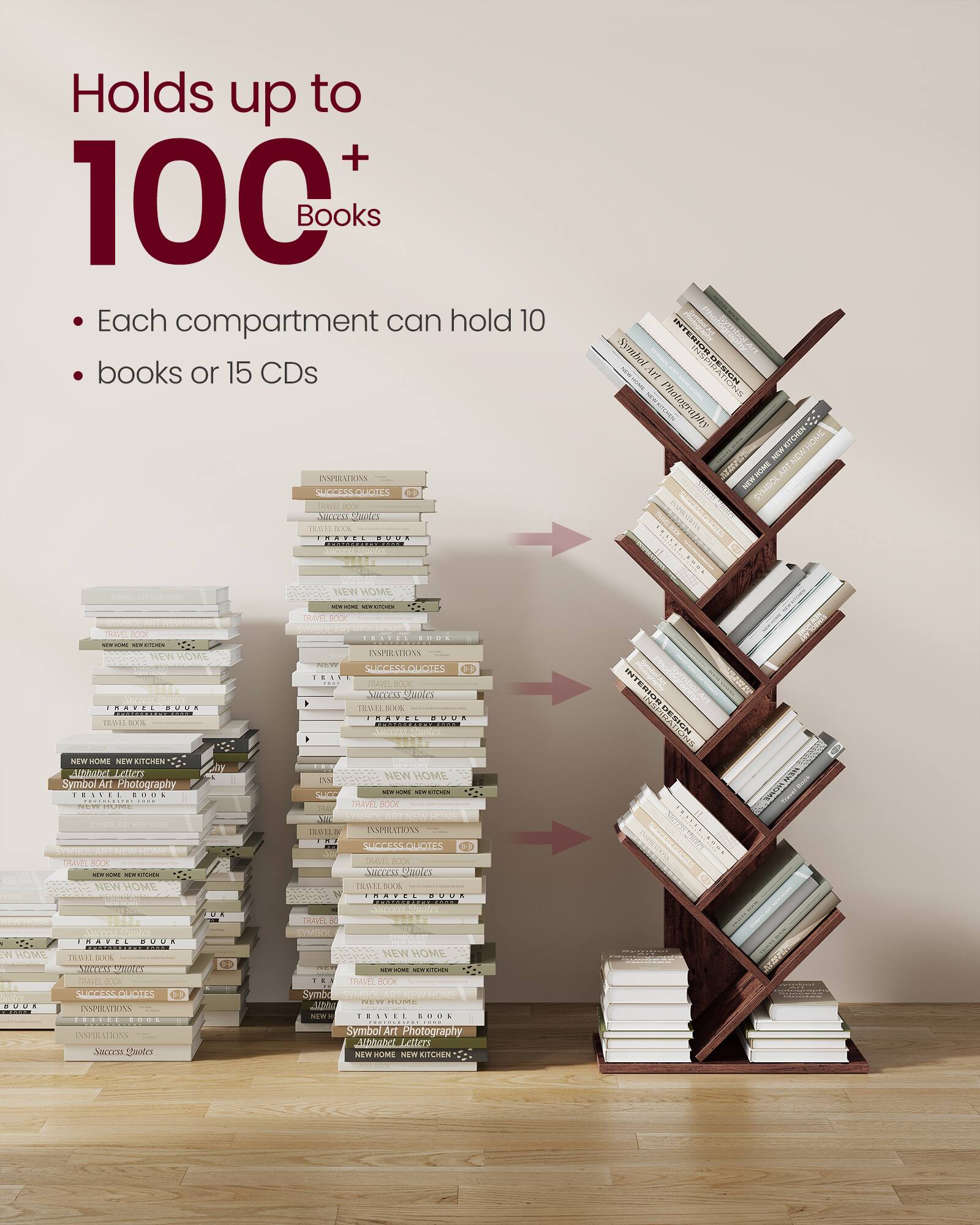 Holds up to  
100+ Books

- Each compartment can hold 10 books or 15 CDs