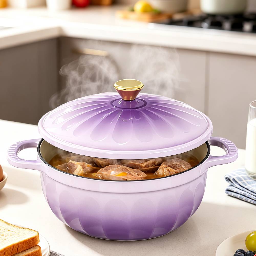 Alt View 8. Winado - 5 QT Enameled Cast Iron Dutch Oven with Gradient Petal Texture,Heat-Resistant Gloves, Pot Mat for Bread Baking, Roasting - Purple.