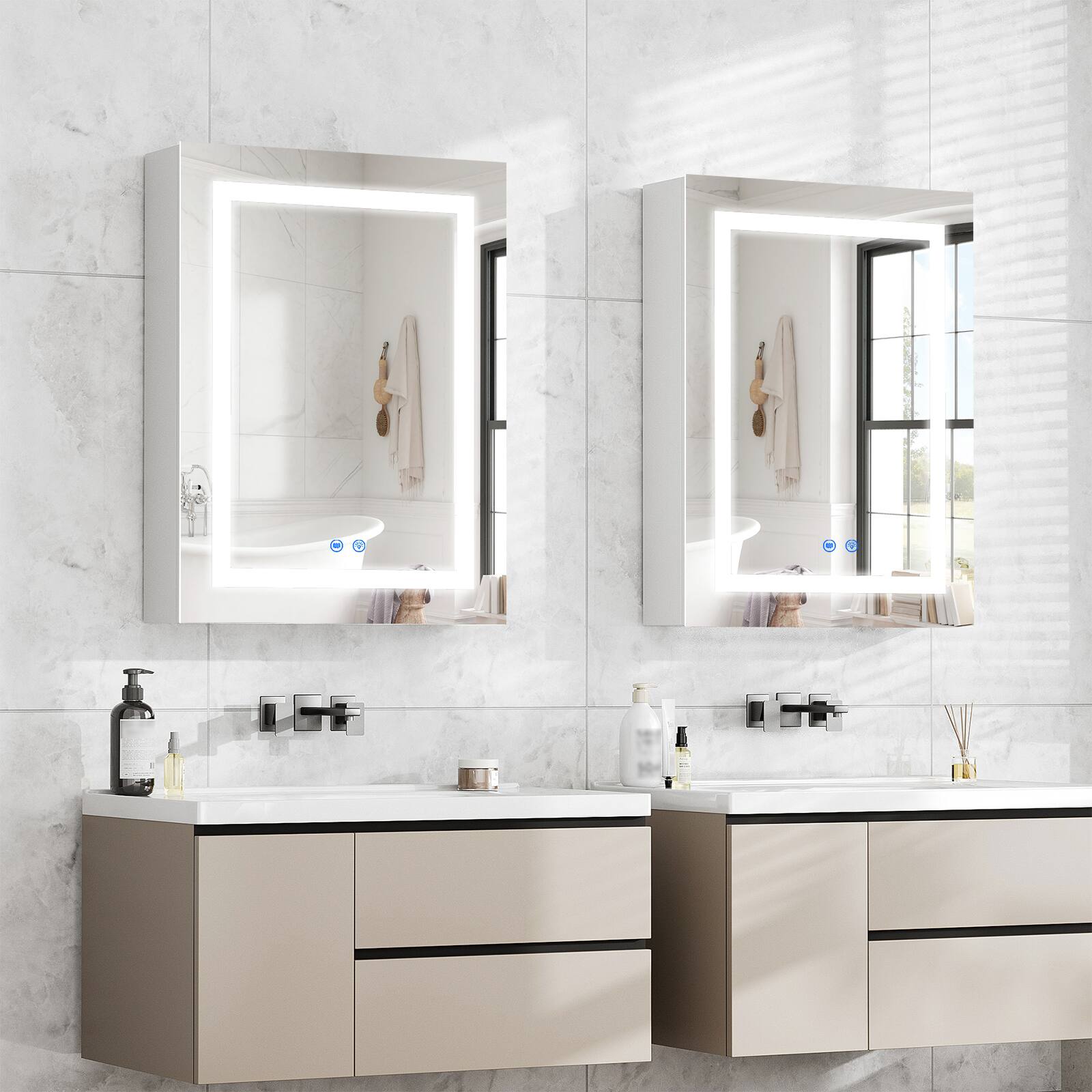 Alt View 2. FUFU & GAGA - Smart LED Bathroom Mirror Cabinet – Anti-Fog, Dimmable 3-Color Light, Adjustable Shelves - White.