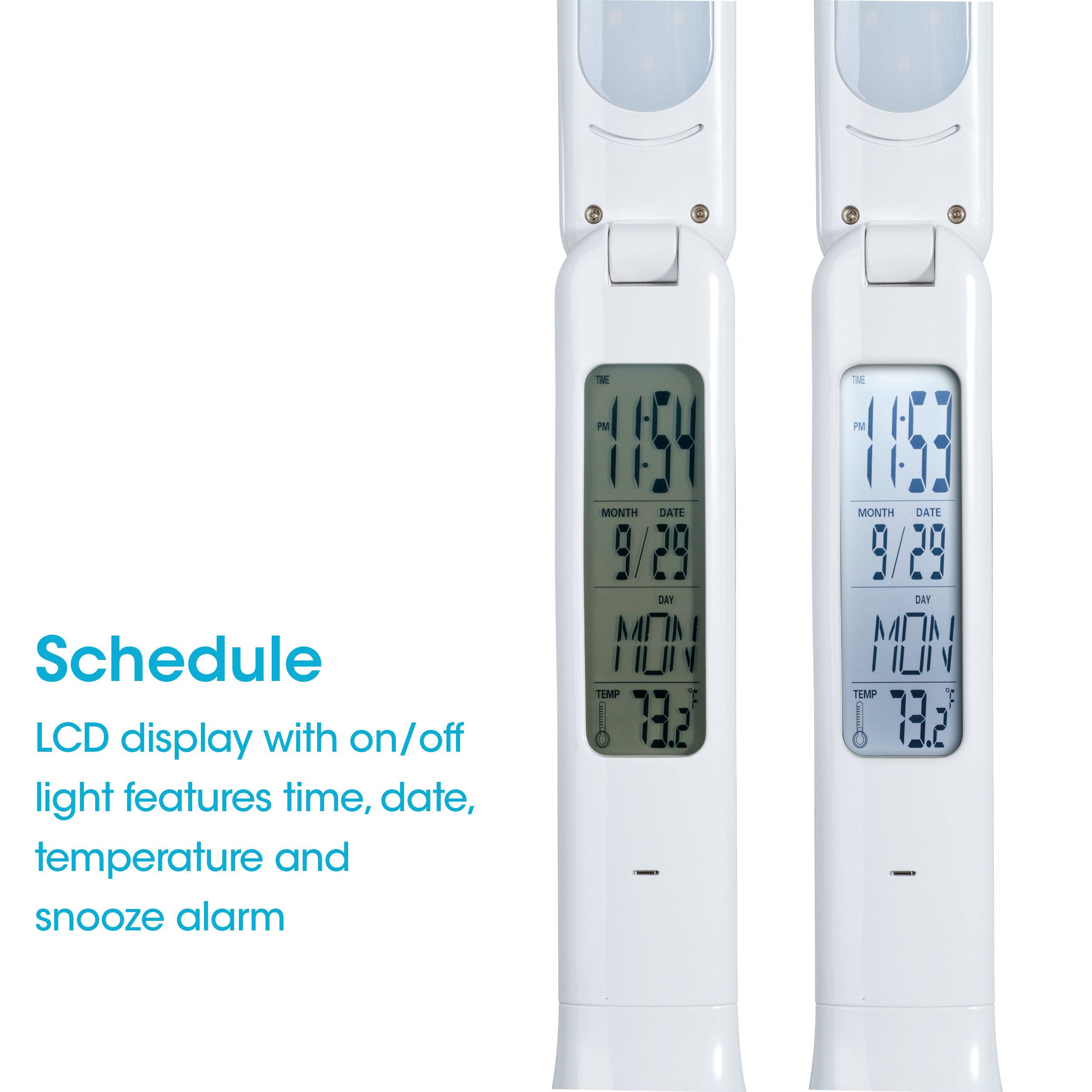 Schedule: LCD display with on/off light features time, date, temperature, and snooze alarm. The time is 16:54, the date is September 29th, and the temperature is 73.2 degrees Fahrenheit.