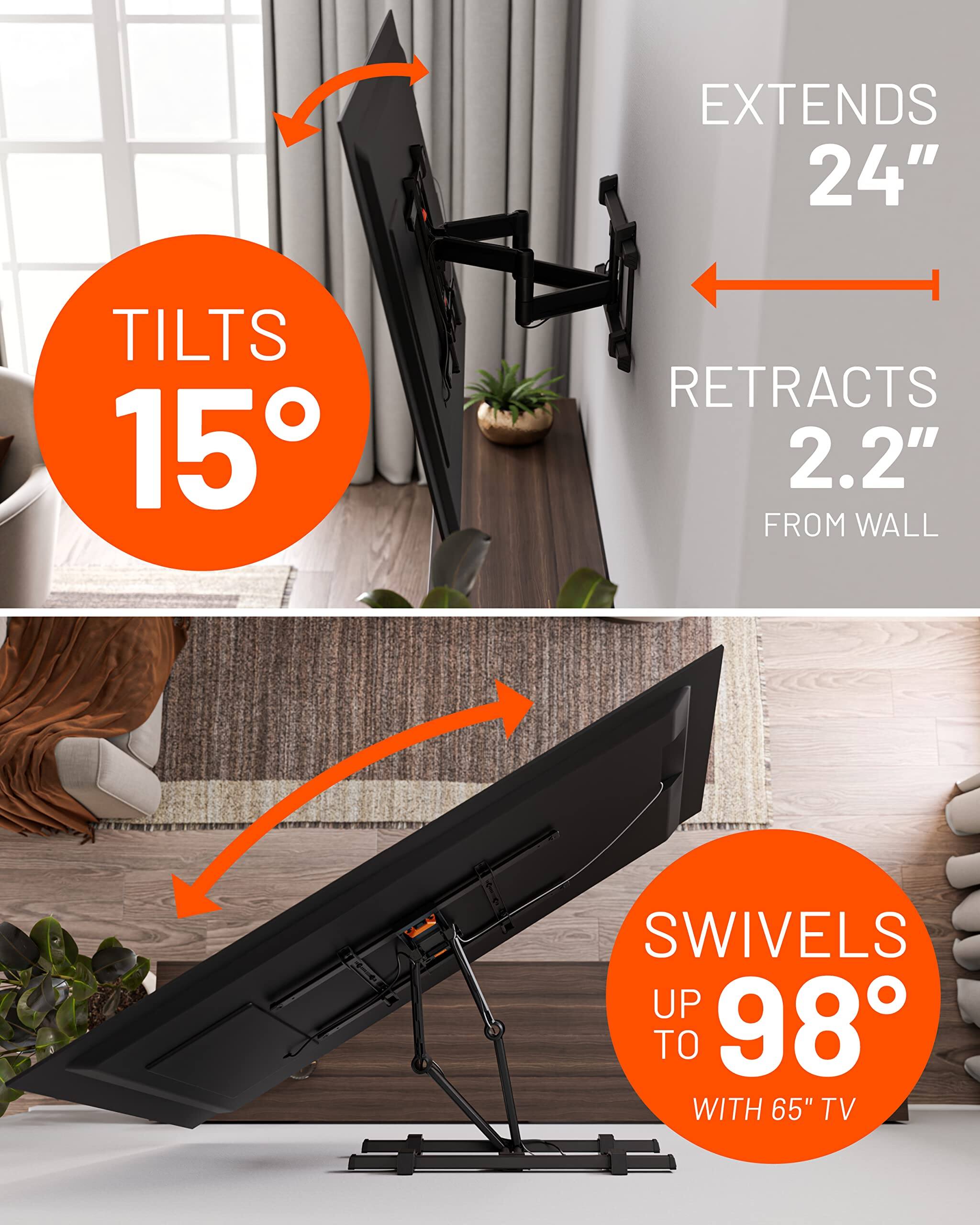 EXTENDS 24" TILTS 15° RETRACTS 2.2" FROM WALL SWIVELS UP TO 98° WITH 65" TV