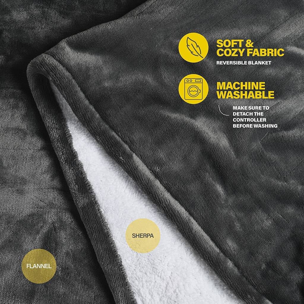 - SOFT & COZY FABRIC
- REVERSIBLE BLANKET
- MACHINE WASHABLE
  - MAKE SURE TO DETACH THE CONTROLLER BEFORE WASHING
- SHERPA
- FLANNEL