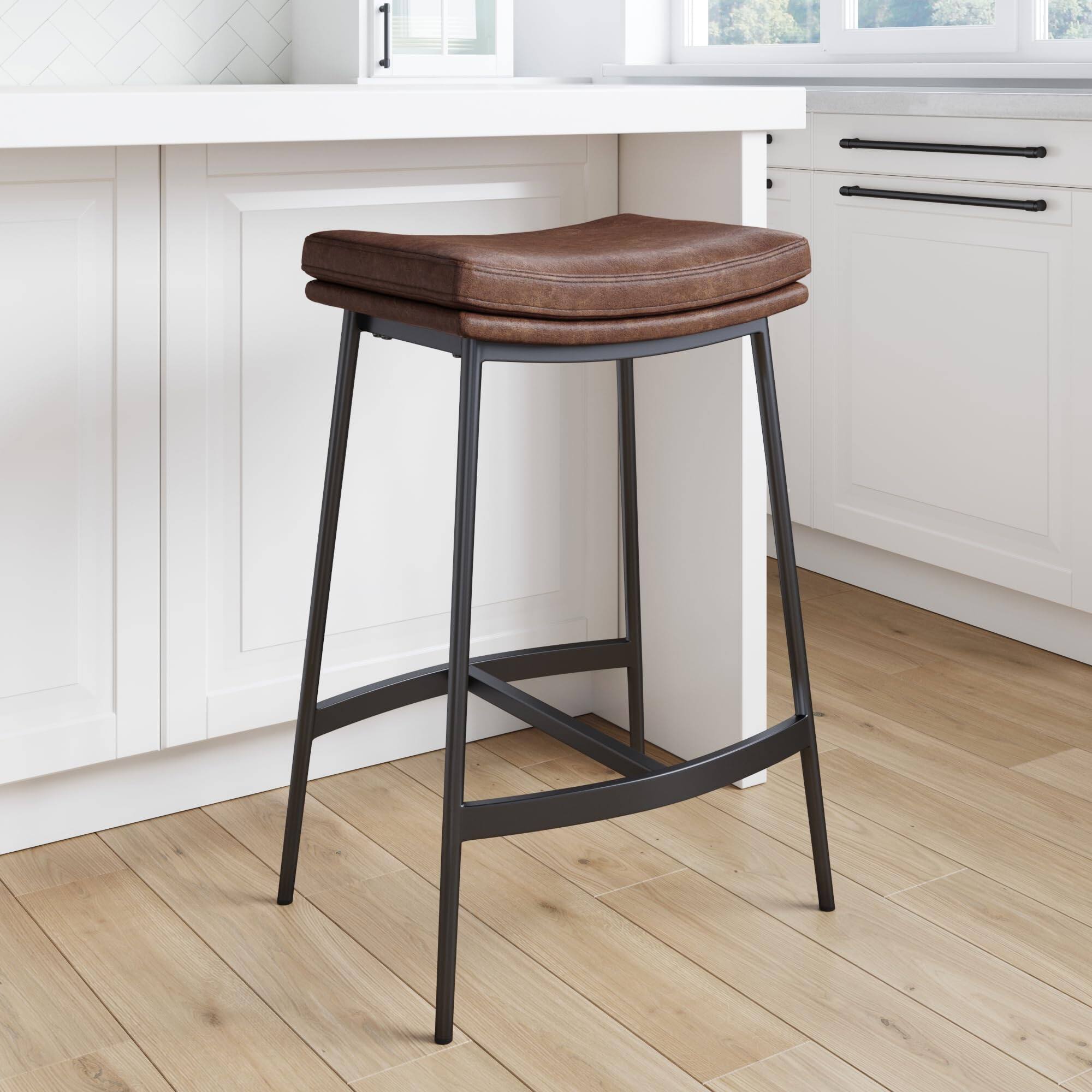 JETRANSPORT - 22202 Arlo Modern Backless Upholstered Kitchen Counter Bar Stool With Double-layered Saddle Seat And - Vintaged Brown/Matte Black 1 Stool