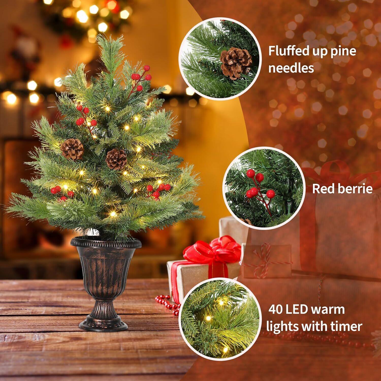 Fluffed up pine needles  
Red berrie  
40 LED warm lights with timer