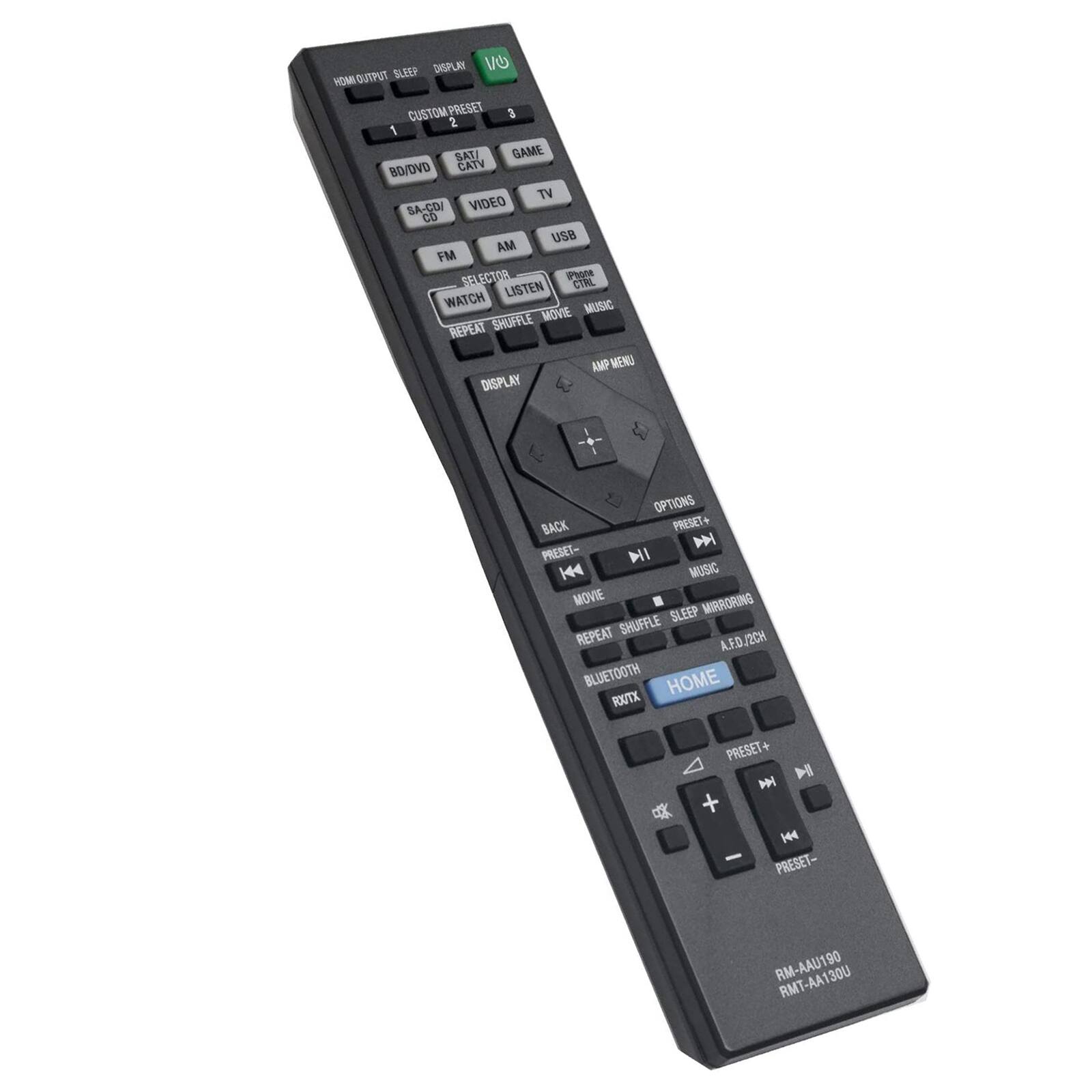 HDMI OUTPUT SLEEP DISPLAY  
CUSTOM PRESET 1 2 3  
BD/DVD SAT GAME CATV  
SA-CD VIDEO USB  
AM FM SELECTOR WATCH LISTEN  
REPEAT SHUFFLE  
DISPLAY BACK  
OPTIONS PRESET- PRESET+  
AMP MENU  
MENU DISPLAY OPTIONS  
PRESET- NI 144 MUSIC MOVIE MIRRORING SLEEP REPEAT SHUFFLE  
A.F.D./2CH BLUETOOTH HOME RX/TX  
PRESET+ H A + H - PRESET-  
RM-AAU190 RMT-AA130U