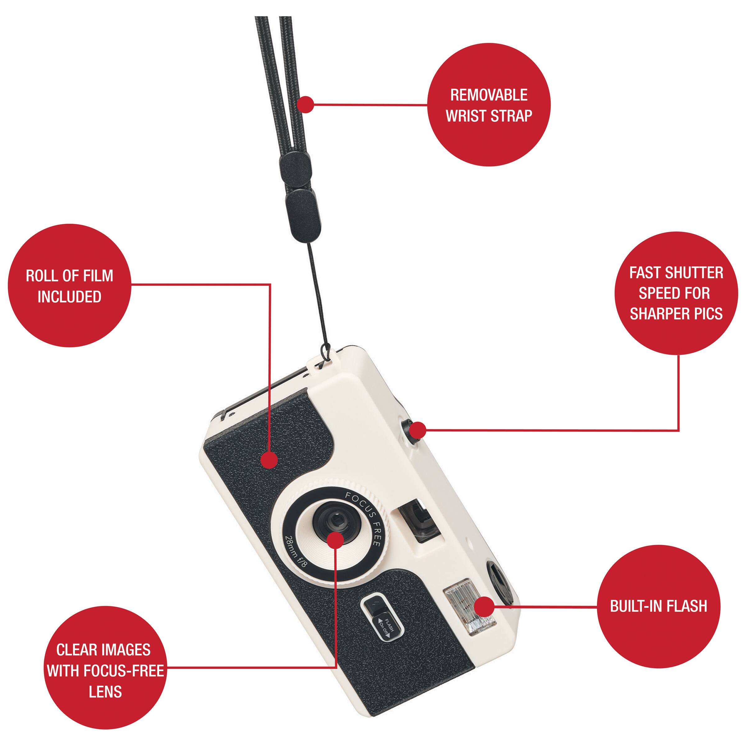 - Removable wrist strap
- Roll of film included
- Fast shutter speed for sharper pics
- 28mm 6 focus-free clear images with focus-free lens
- Built-in flash