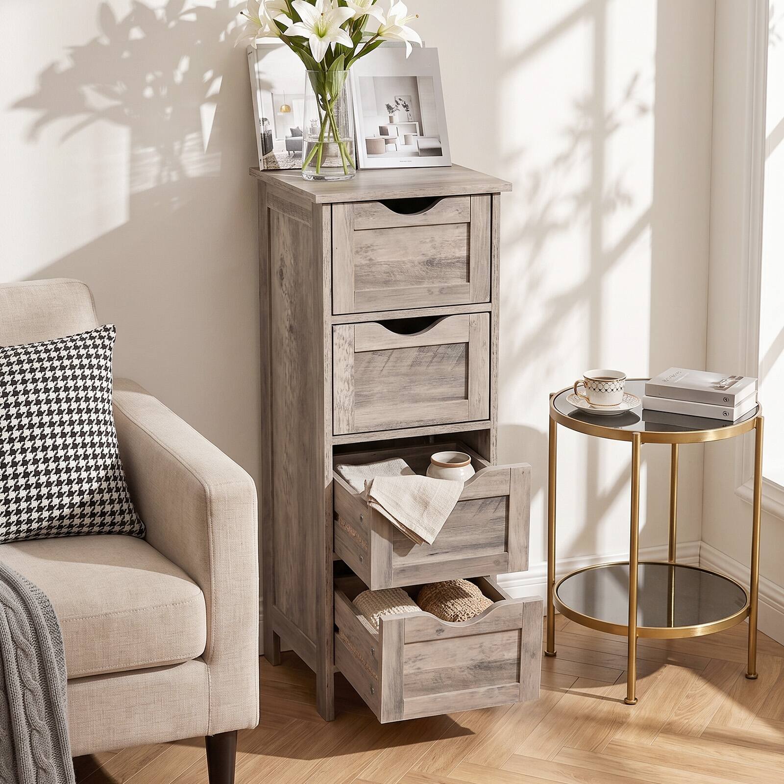 Alt View 10. Winado - Wooden Floor Freestanding 4 Drawers Dresser Bedroom Cabinet Free Standing Organizer Bathroom Storage Organizer Rack - Wash Grey.