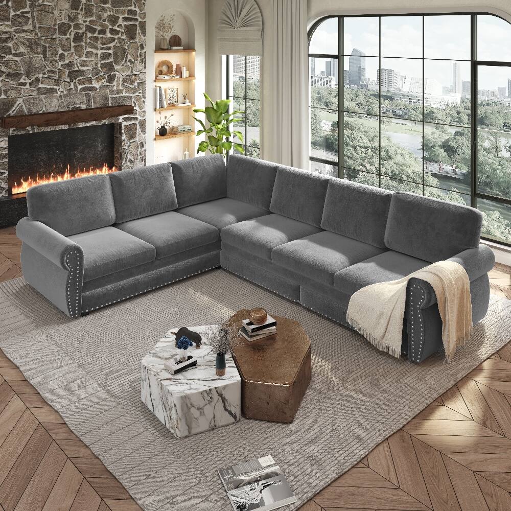 Angle. Loheer - Loheer 118 Inch L-Shaped Sleeper Sofa Pull-Out Bed Light Grey - Light Grey.