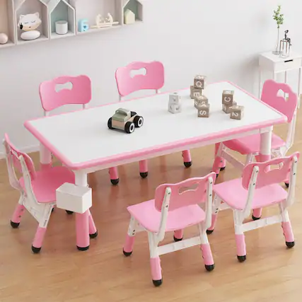 Front. Babevy - Kids Table & 6 Chairs Set with Storage Box, Graffiti Drawing Desktop, Height Adjustable Table Set for Ages 2-10 - Pink.