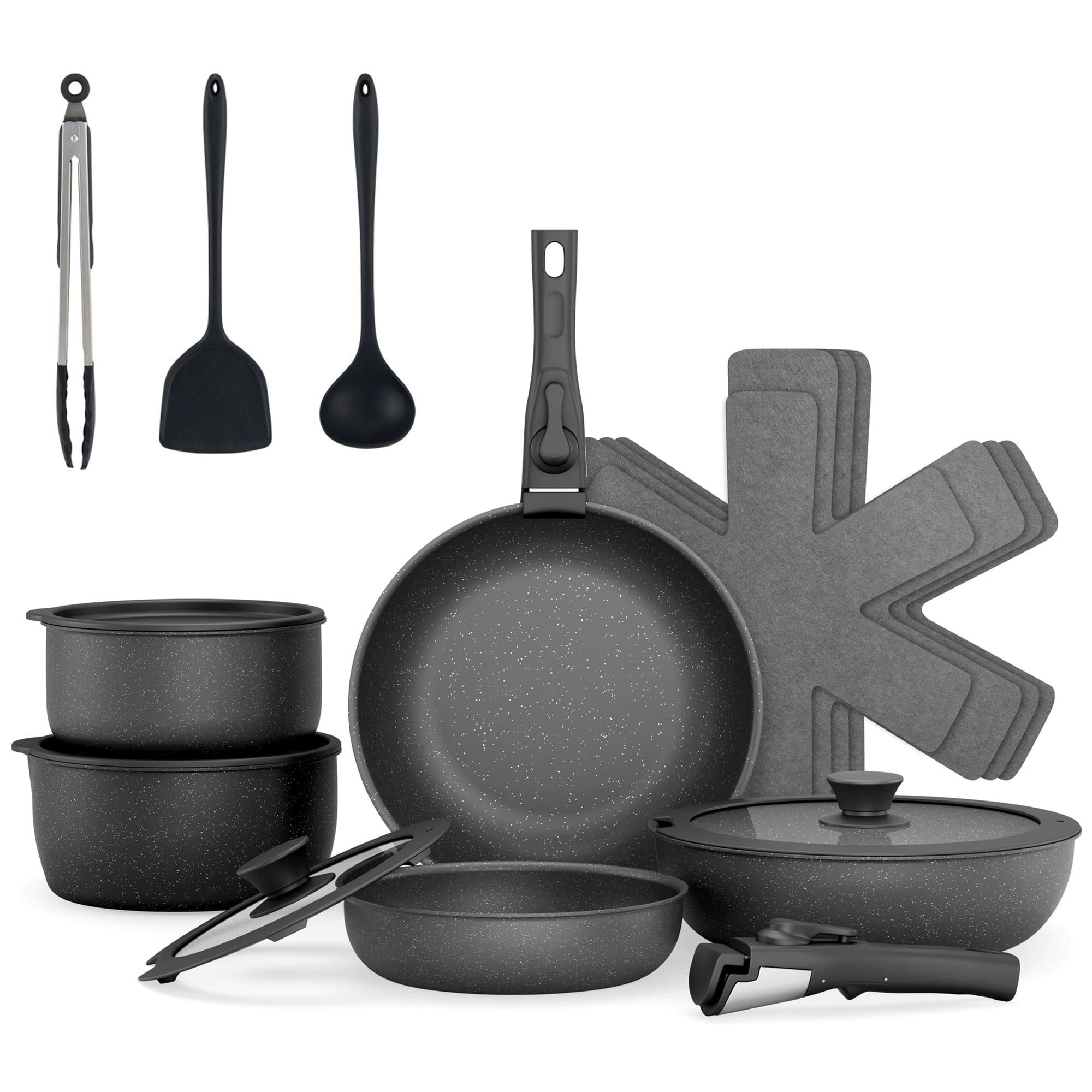 Sugift 18 Piece Non Stick Cookware Set with Silicone Tools Black