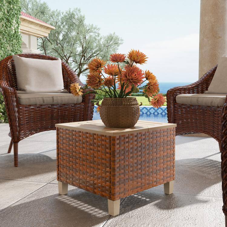 PULUZ Outdoor Side Table with PE Rattan, Patio End Table with Natural ...