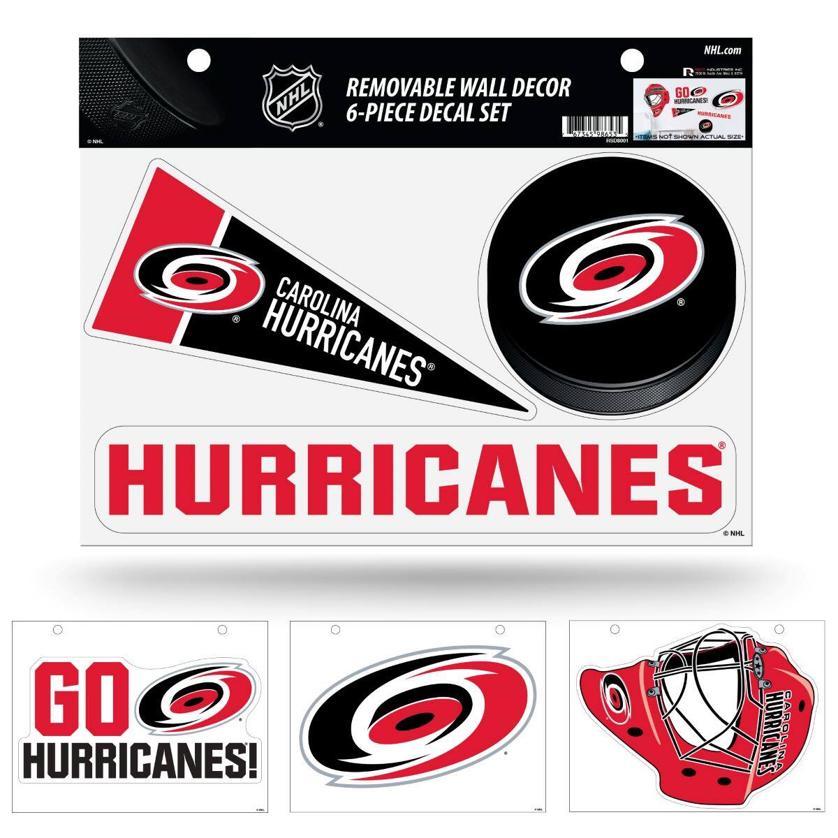 NHL.com  
REMOVABLE WALL DECOR  
6-PIECE DECAL SET  

CAROLINA HURRICANES  
HURRICANES  
GO HURRICANES!  

CAROLINA HURRICANES