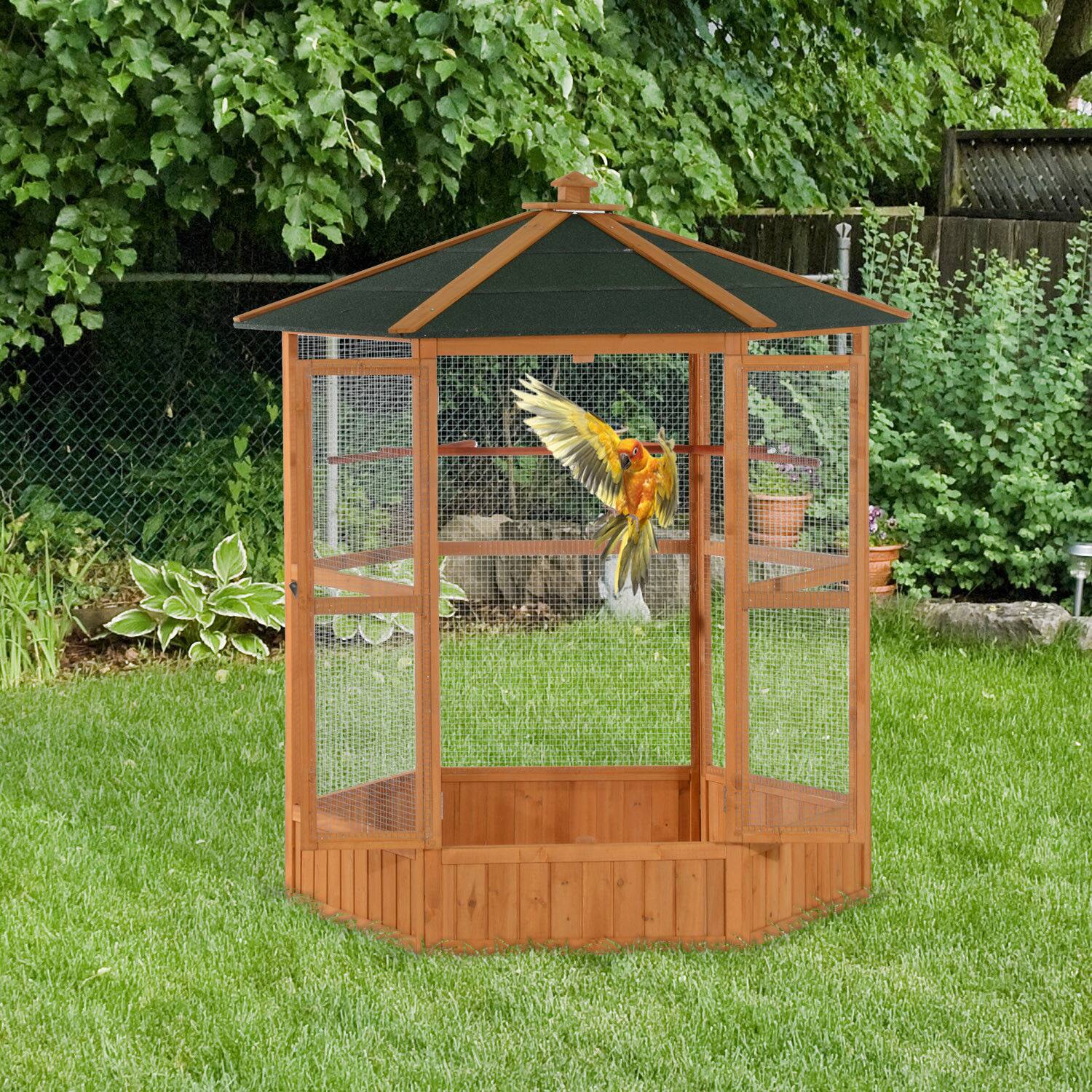 Angle. Pawhut - 69" Large Wooden Hexagonal Outdoor Aviary Flight Bird Cage With Covered Roof.