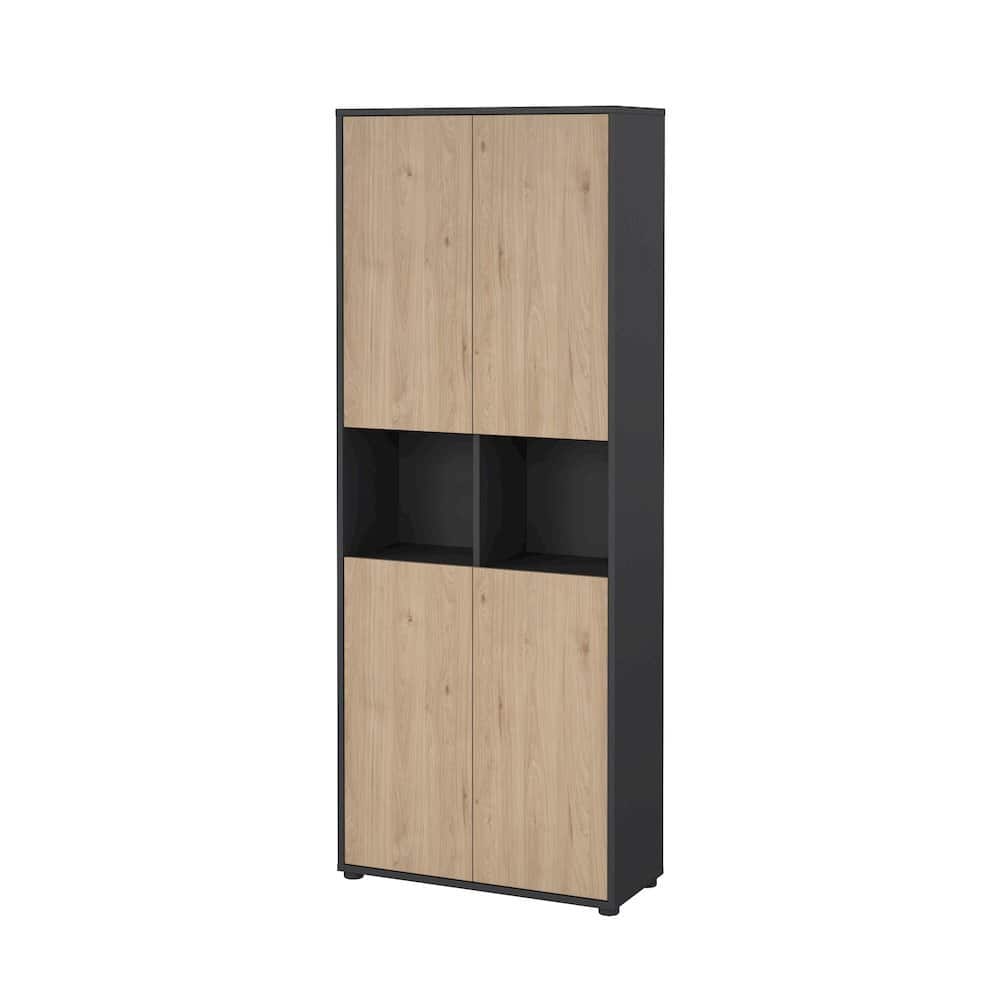 FurniFact - 6-Shelf Bookcase with 4 Doors and Adjustable Storage Shelves - Gray