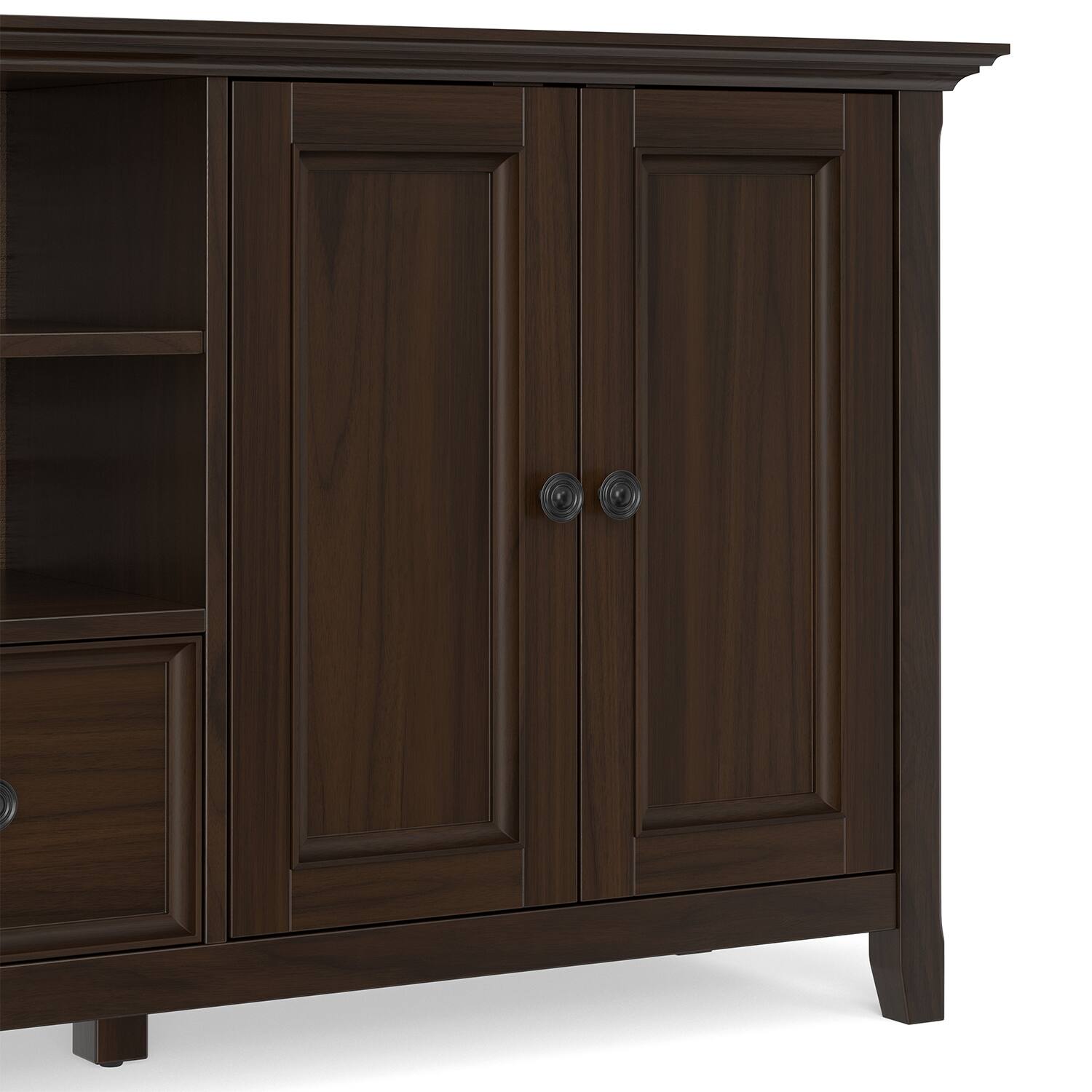 Alt View 7. Simpli Home - Simpli Home Amherst 84 inch Wide Solid Wood Transitional TV Stand in Brunette Brown/Bronze - Brunette Brown.