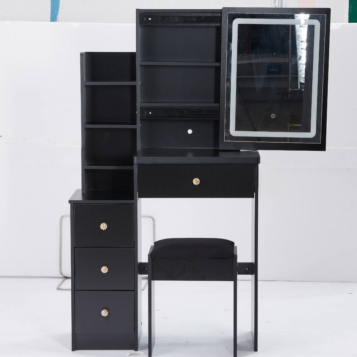 Left. Loheer - Loheer Small Space Makeup Vanity Table with Stool, Black MDF, LED Mirror and Storage - Black.