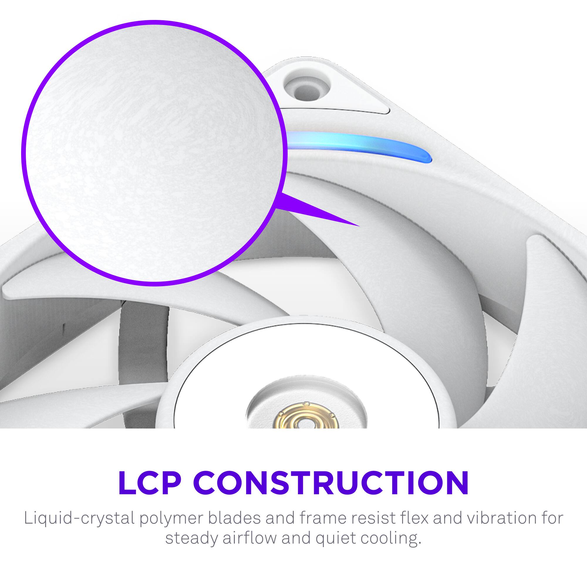 LCP CONSTRUCTION

Liquid-crystal polymer blades and frame resist flex and vibration for steady airflow and quiet cooling.